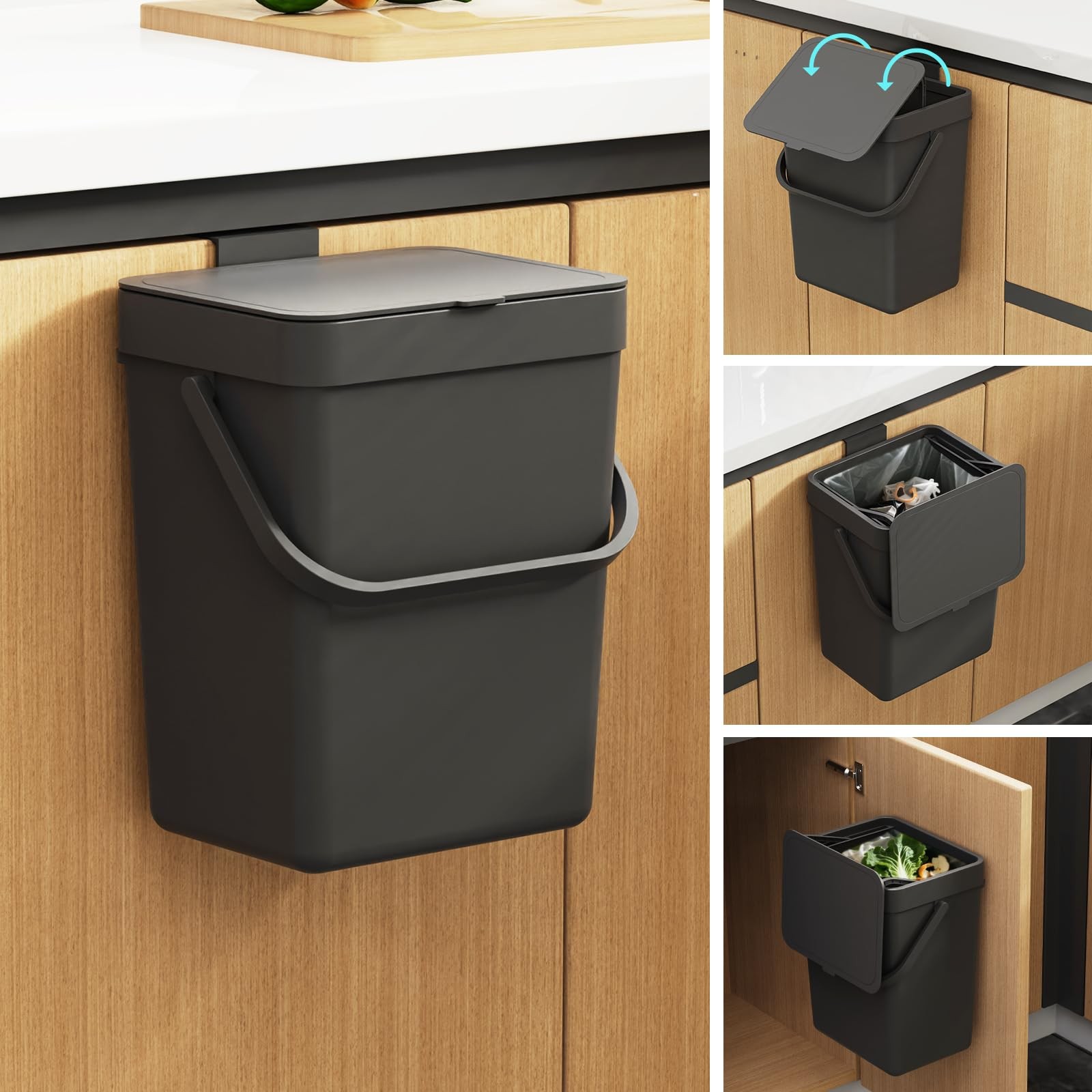 1.3 Gal 5L Countertop Compost Bin Hanging Trash Can Lid Under Sink Mount Black
