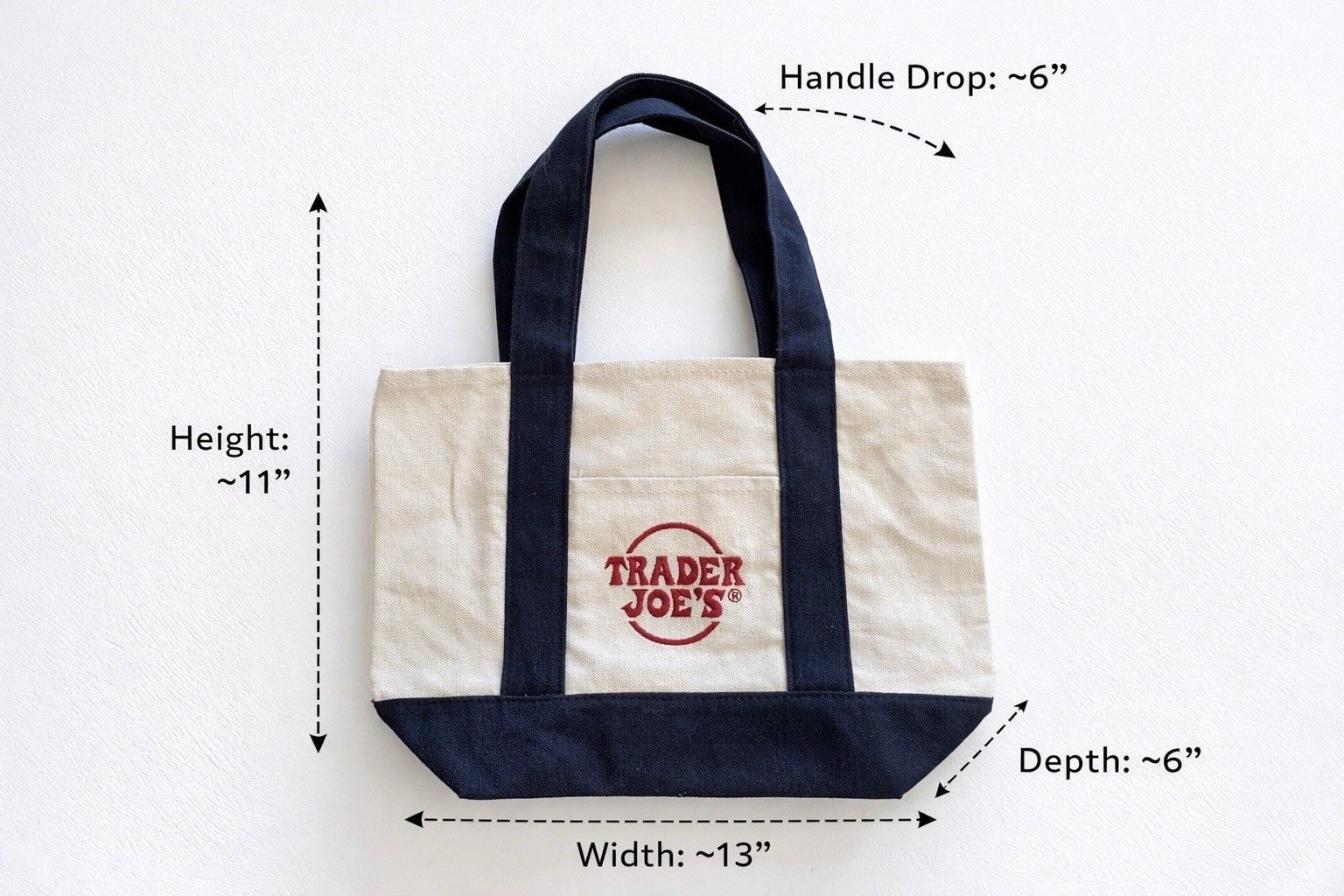 Trader Joe’s Navy and Cream Mini Canvas Tote Natural Logo Bag Rare Brand New