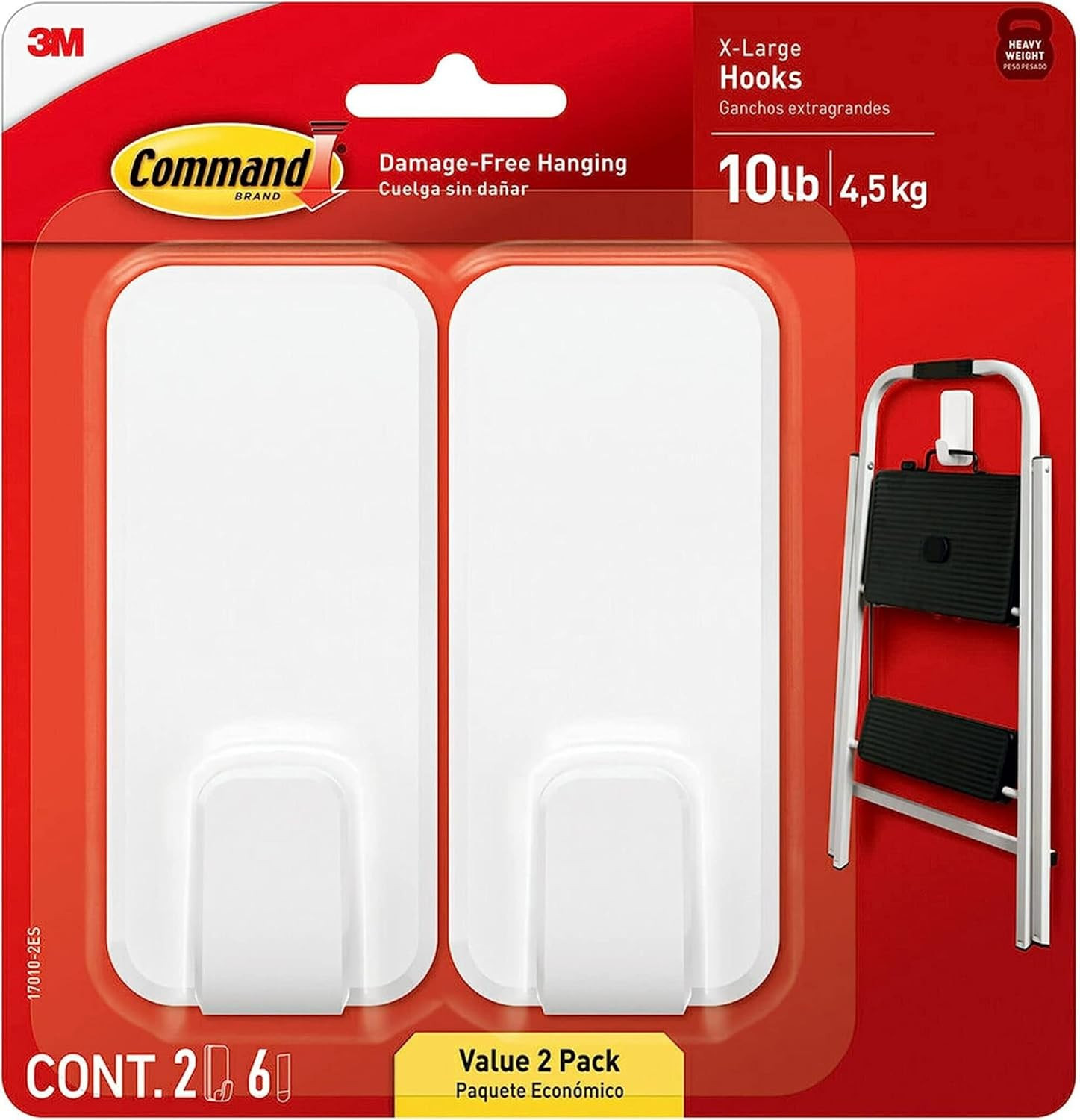 Command 10 Lb XL Heavyweight Hook, 2 Wall Hooks and 6 Strips, Damage-Free Hangin