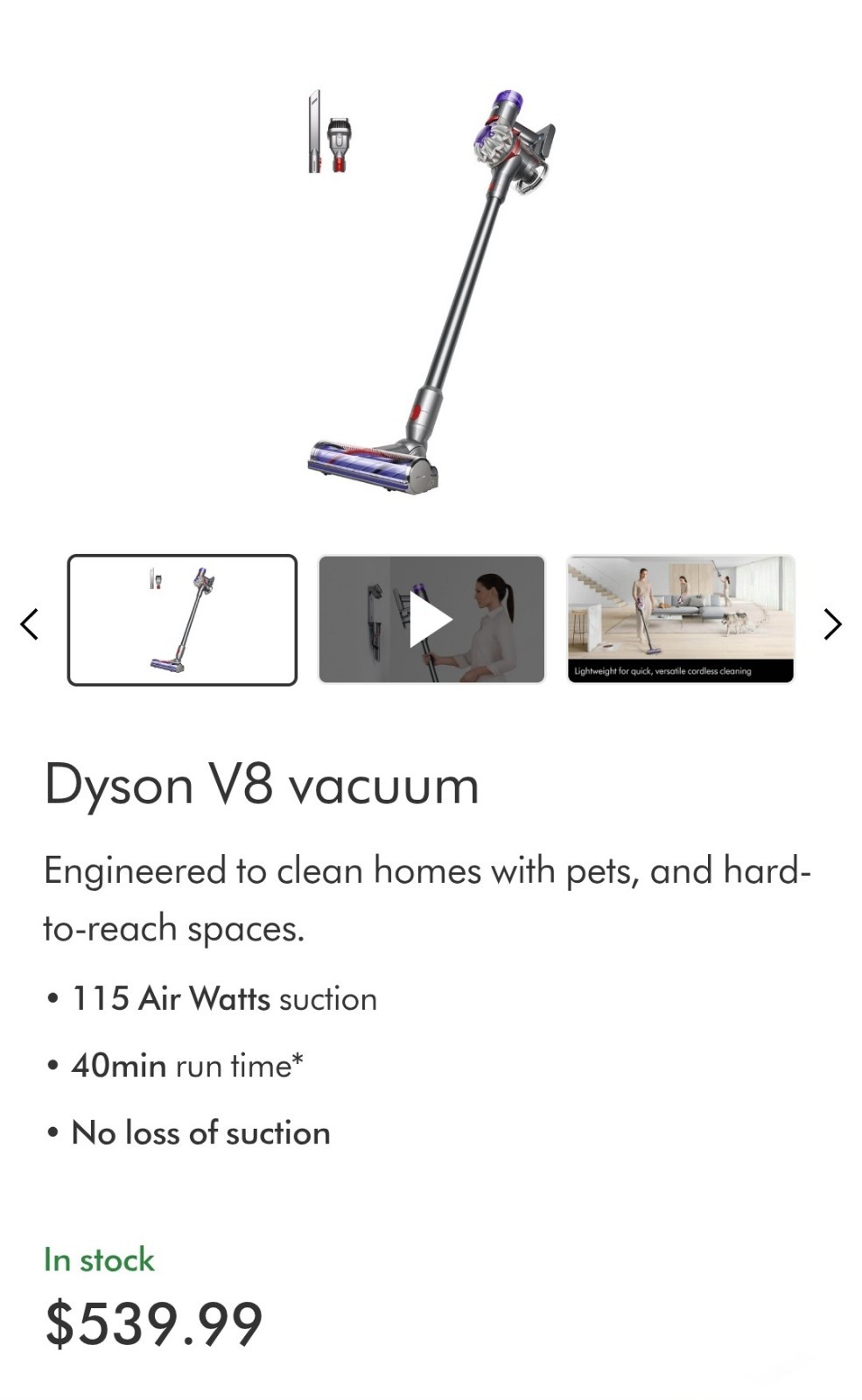 Dyson V8 Cordless Stick Vacuum Motorbar Head 115W 40min Silver/Nickel
