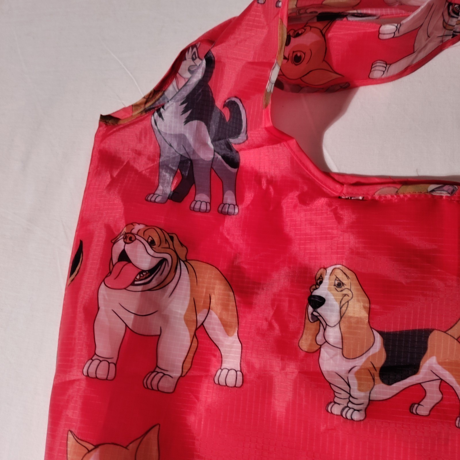 BeeGreen Reusable Nylon Shopping Tote Red Bag with Dogs All Over