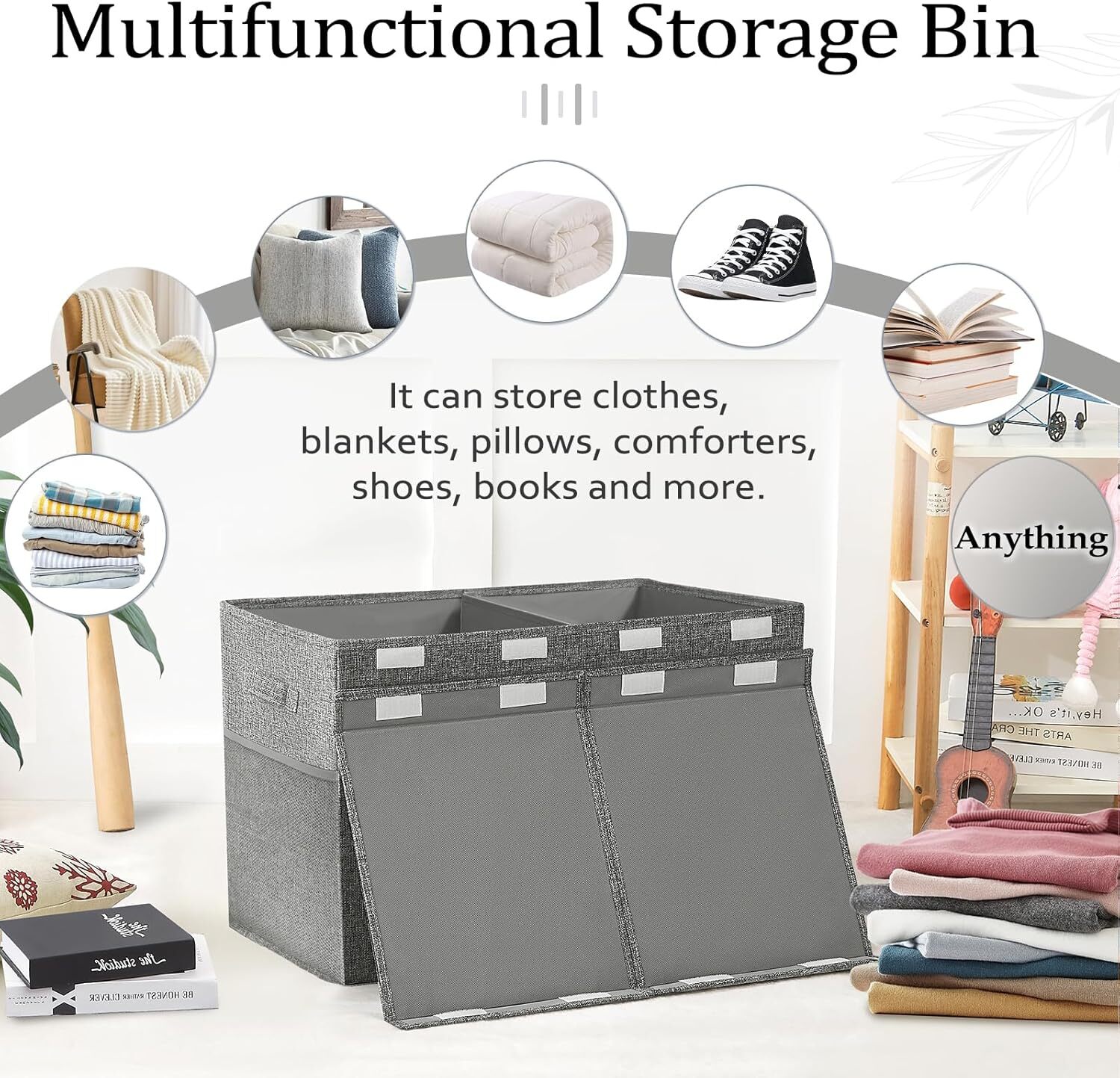 Large storage box with lid and handle, 25 inches × 13 inches × 16 inches, gray