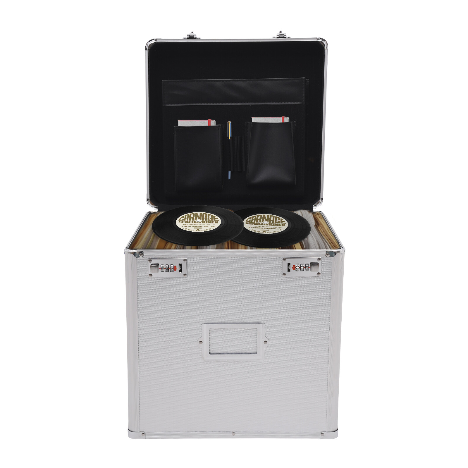 Tabletop Record Vinyl Carry Case Storage Box Locking with 50 Vinyl Record Silver