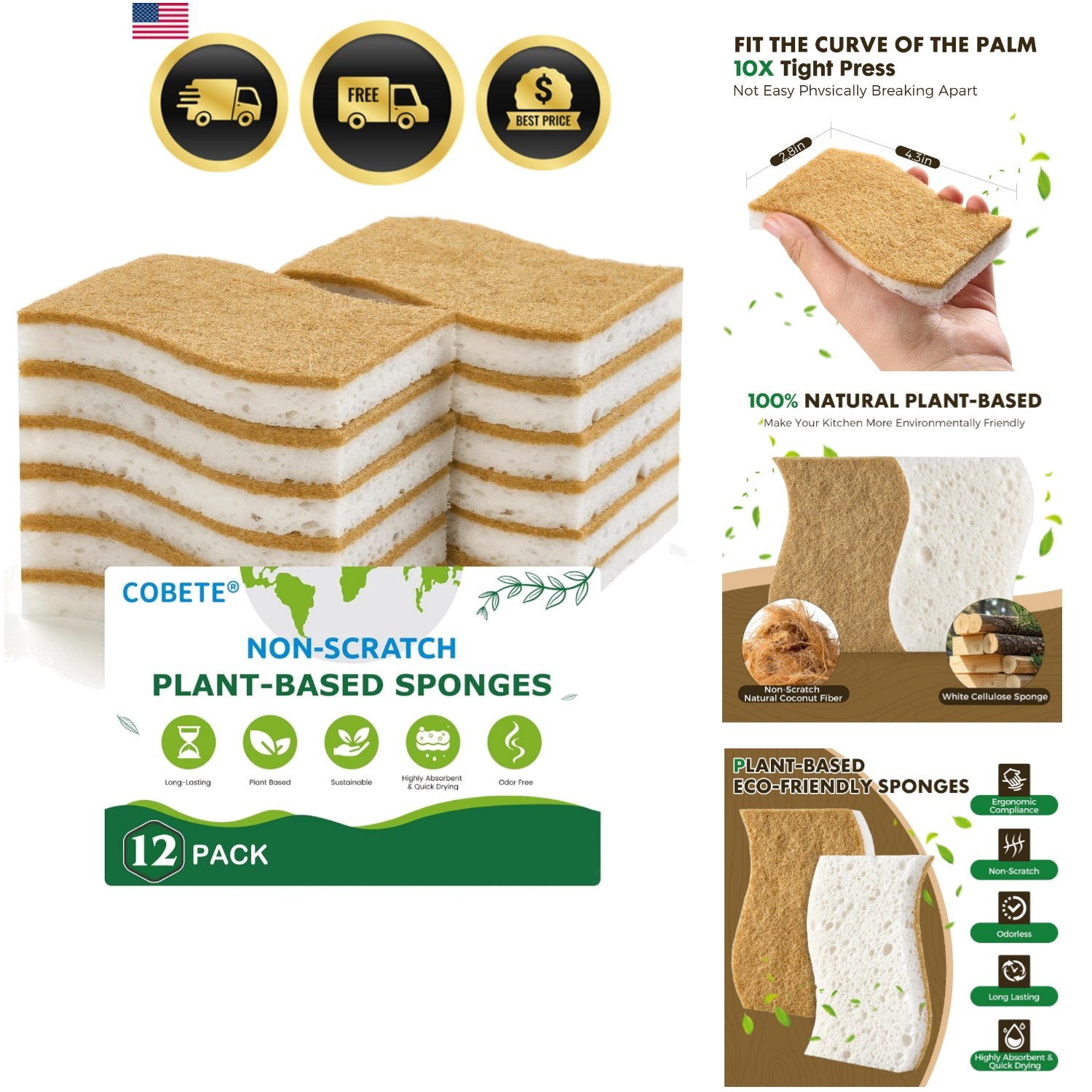 12 Pack Natural Biodegradable Kitchen Non Scratch Sponges,Compostable Plant B…