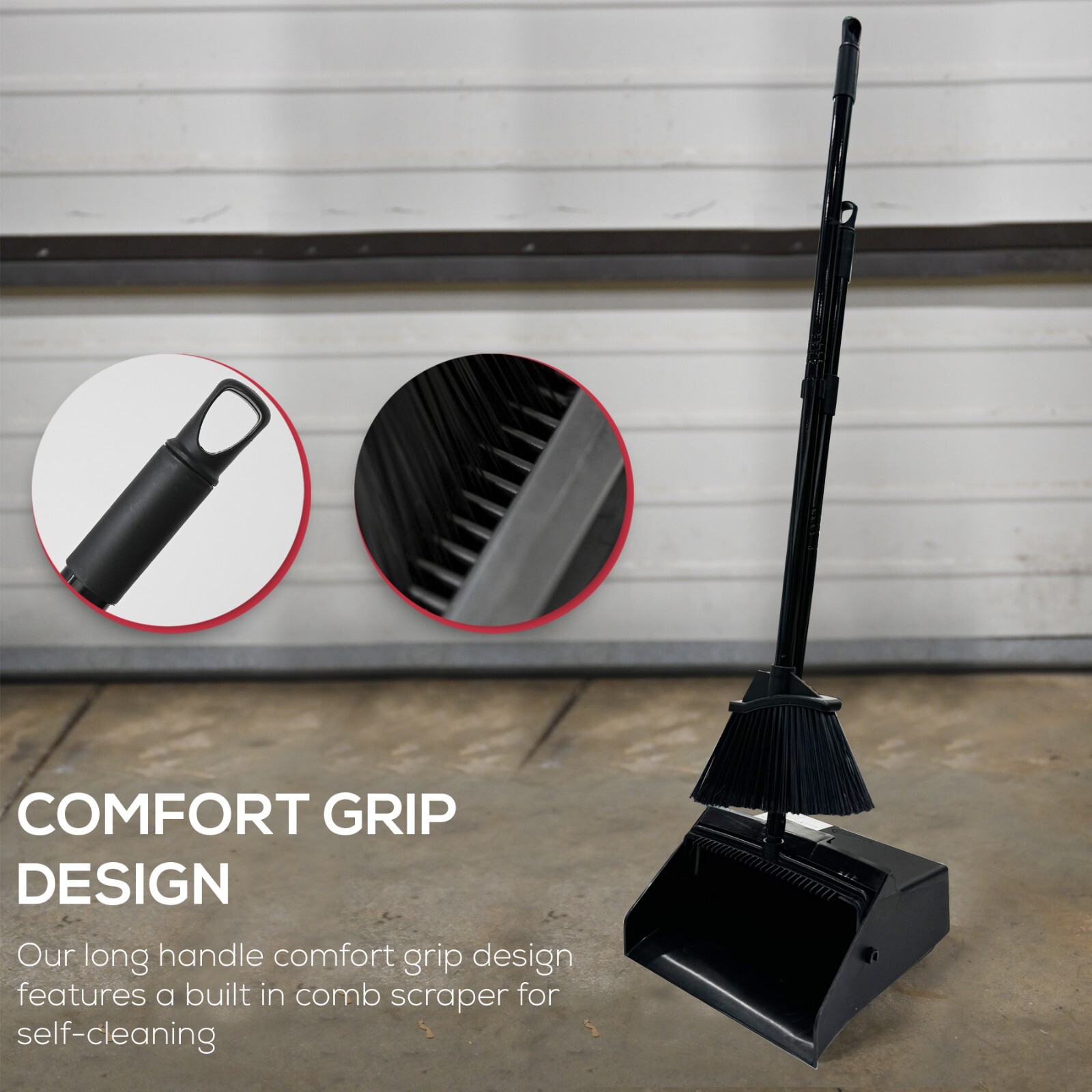 38″ Upright Lobby Broom and Dustpan Set for Home & Commercial Use, Black, 1 Set