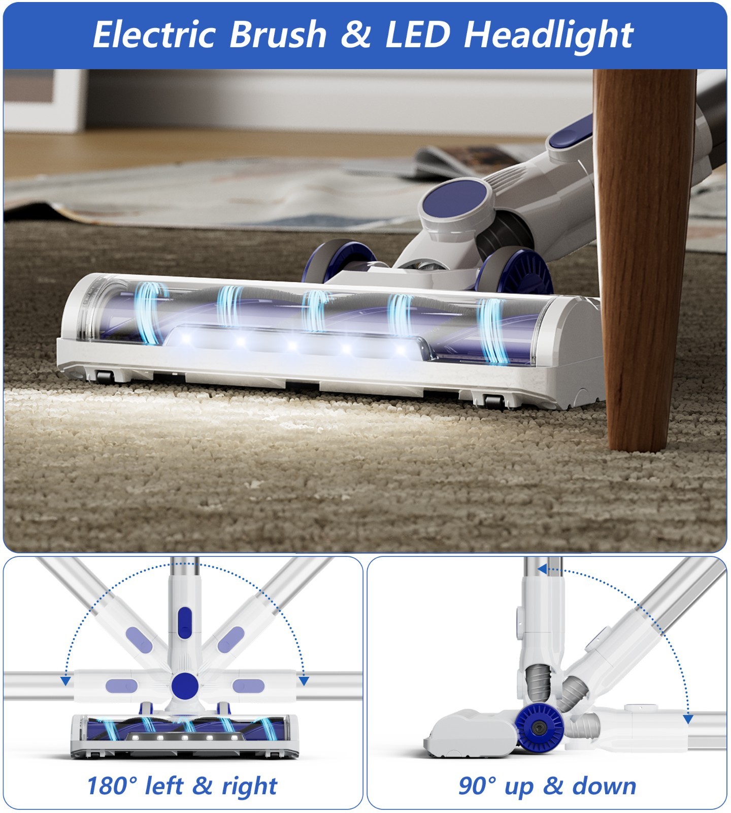 Cordless Vacuum Cleaner 65Kpa Suction Rechargeable 60min 1.5L Stick Lightweight