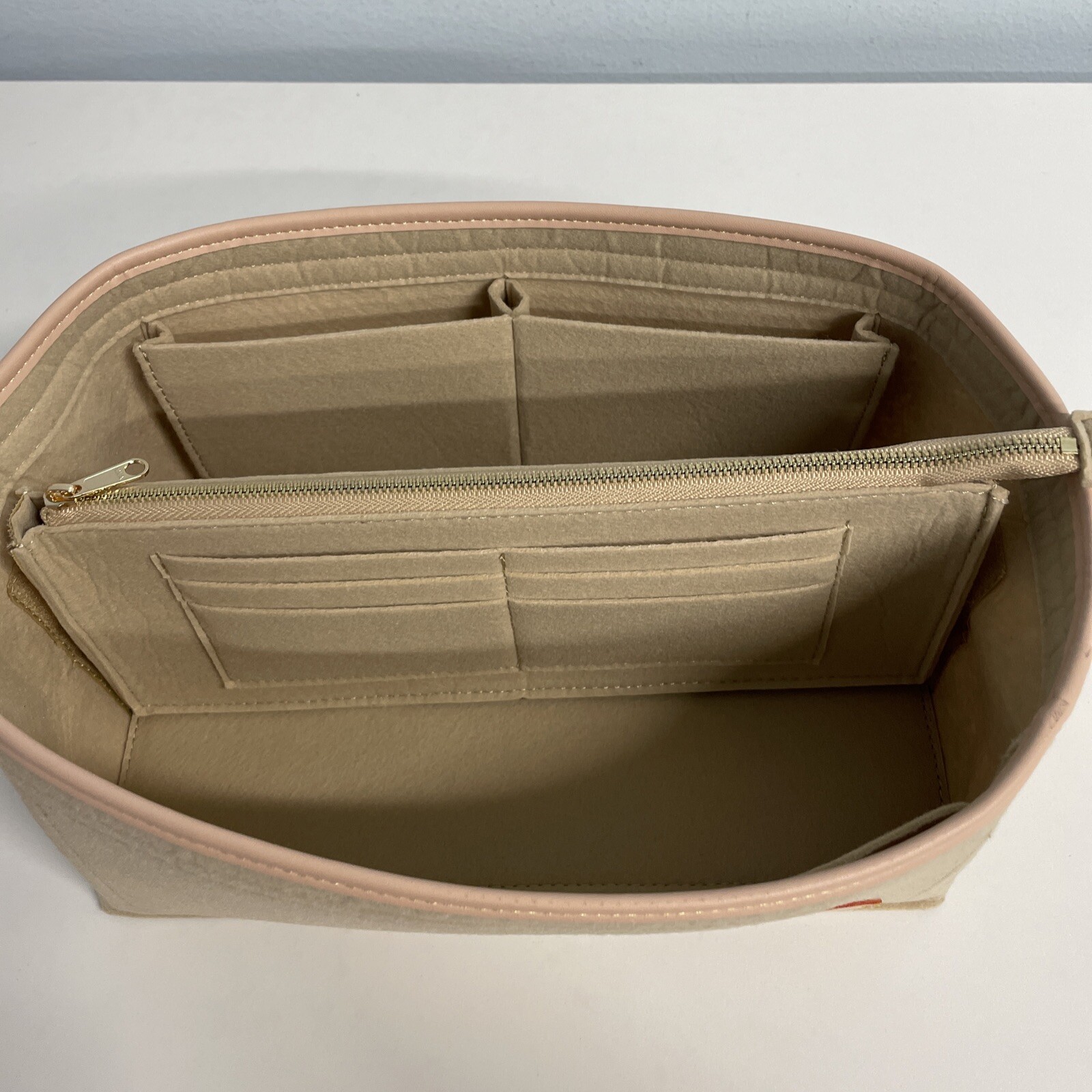 Collapsible Felt Organizing Basket with Zipper pocket 12Lx8.5 Wx5.5 H Tan/Pink/G