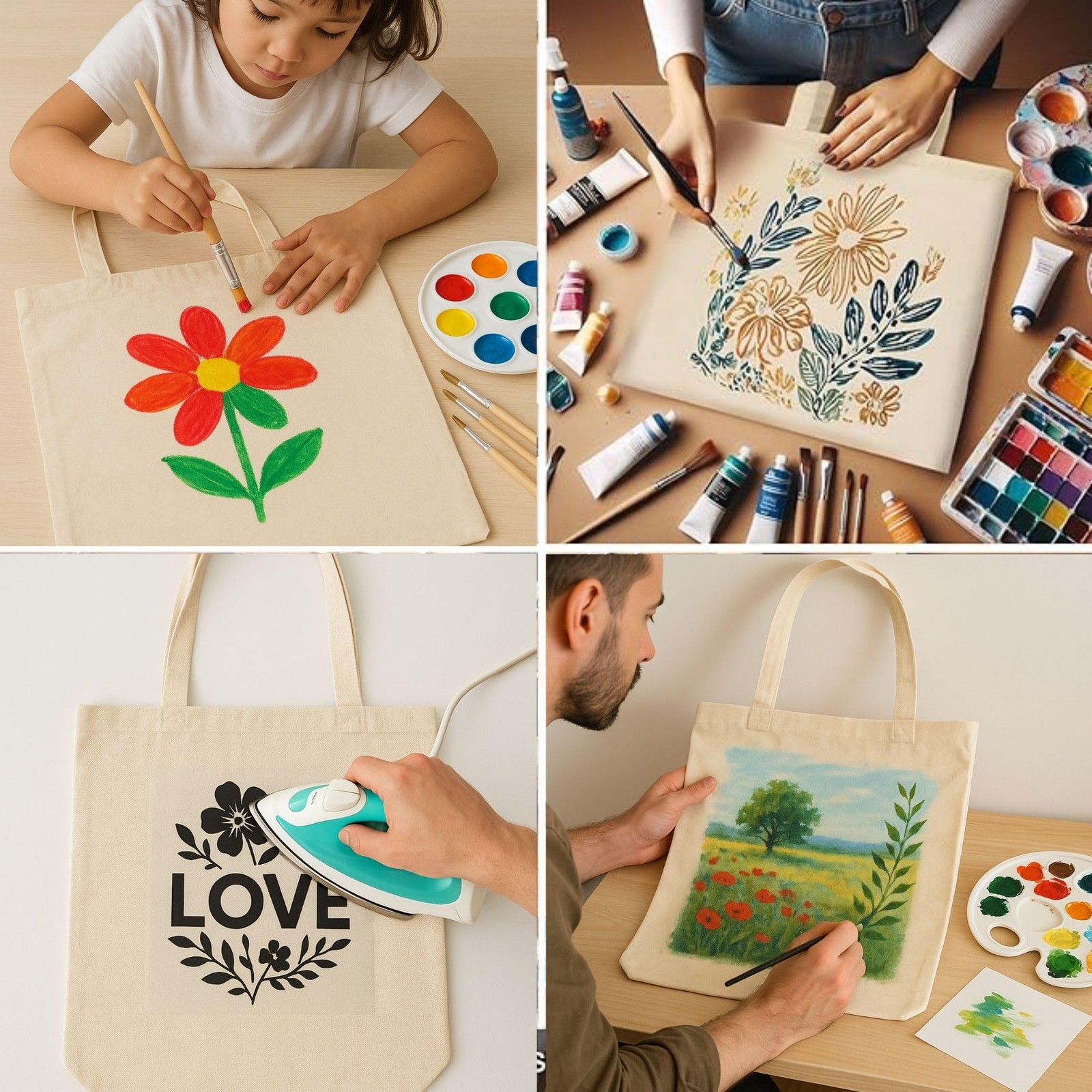6 Pack Natural Canvas Cotton Tote Bags 15×16 – Heavy-Duty Reusable Canvas Tot…