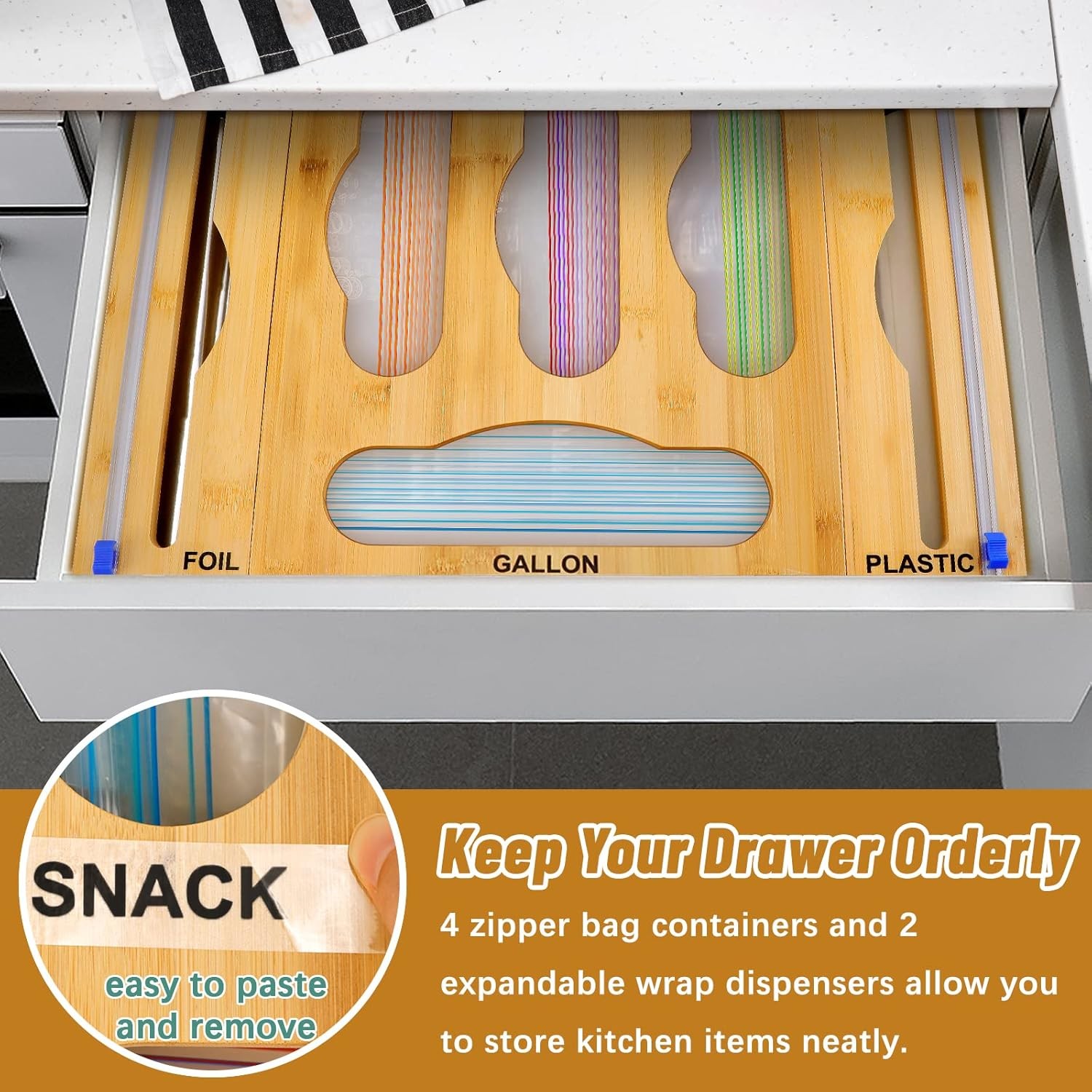 Bamboo Ziplock Bag Storage Organizer Foil and Plastic Wrap Dispenser with Cutter