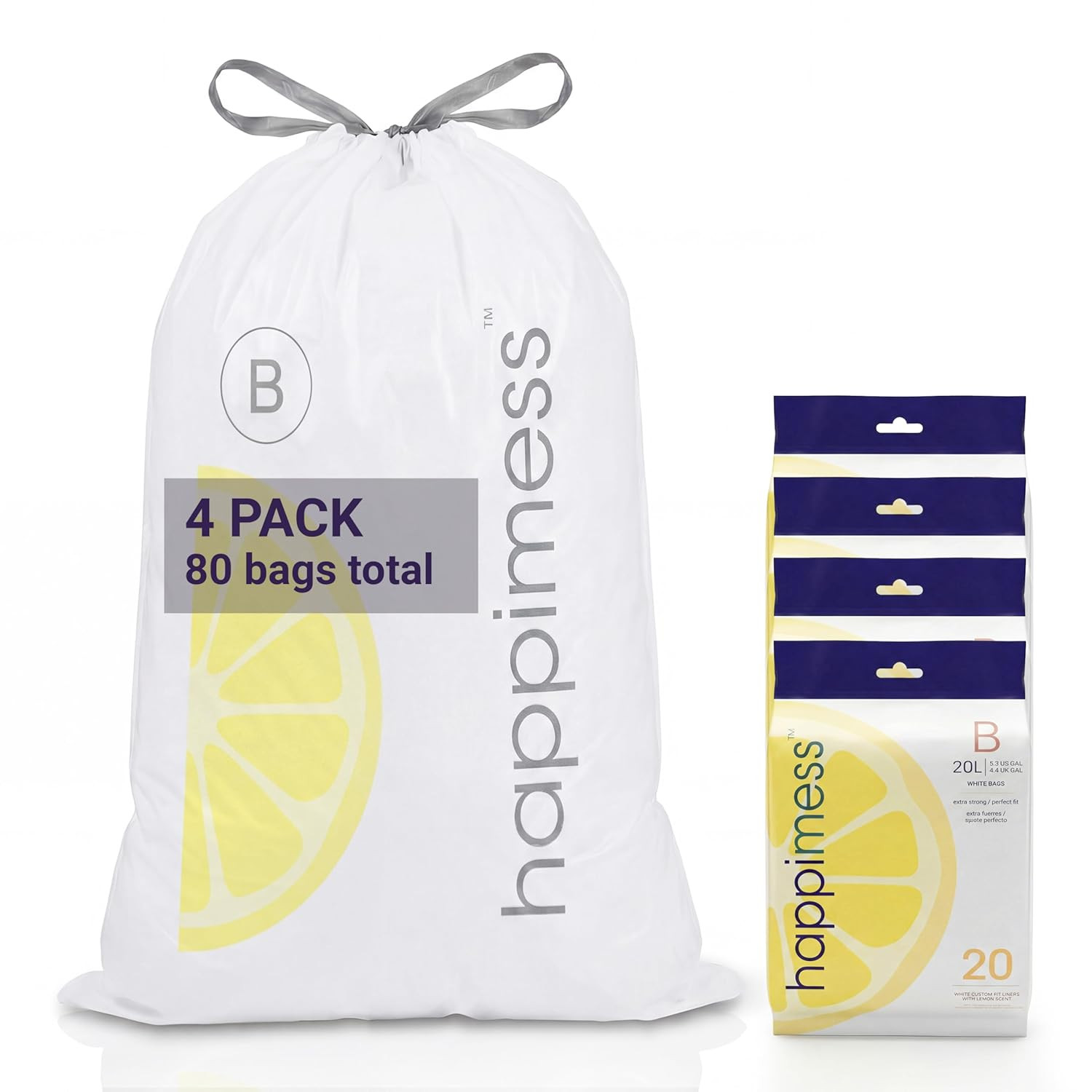 5.3 Gallon (20L) Drawstring Trash Bags, Lemon Scent, White, Heavy Duty MDPE Line