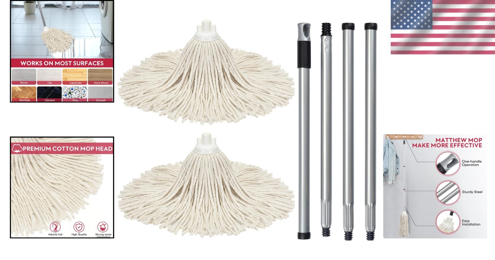 Matthew Cotton Mop with 54″ Stainless Steel Handle – Perfect for All Hard Floors