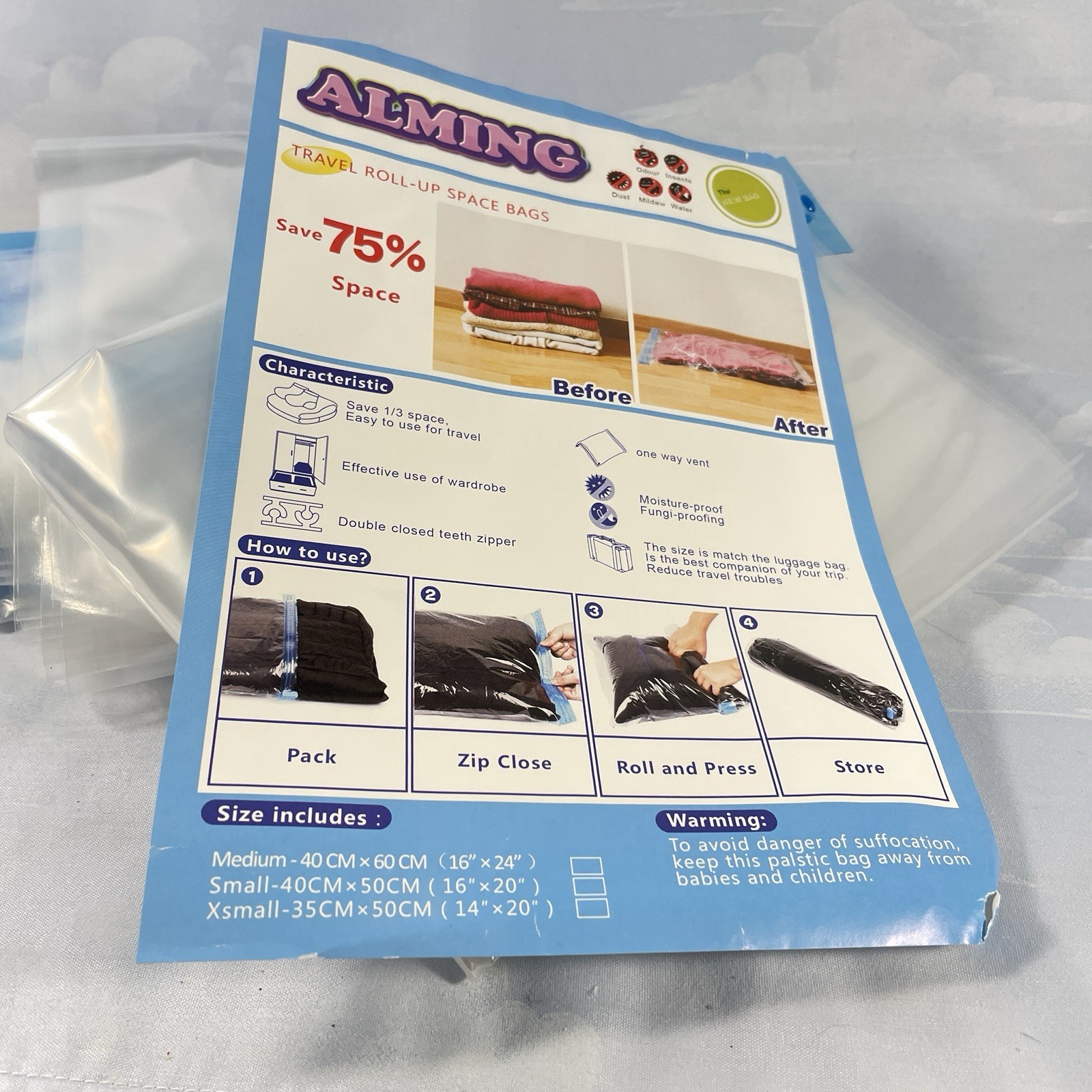 Travel Roll-Up Space Saver Bags Storage Travel Zip Close 3 Sizes See Details