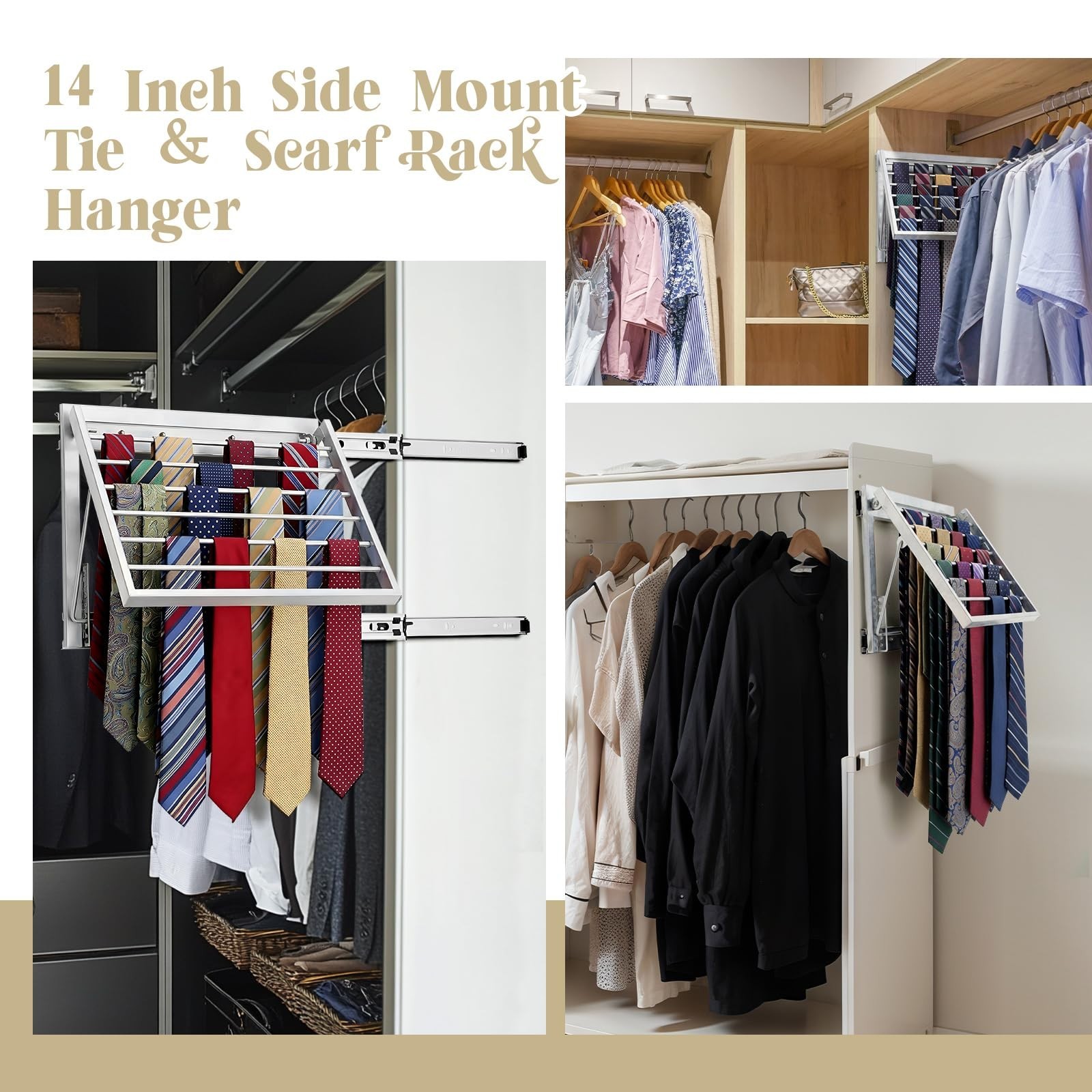 13.8″ Sliding Tie Rack & Belt Organizer – Wall Mounted Metal Hanger, Silver