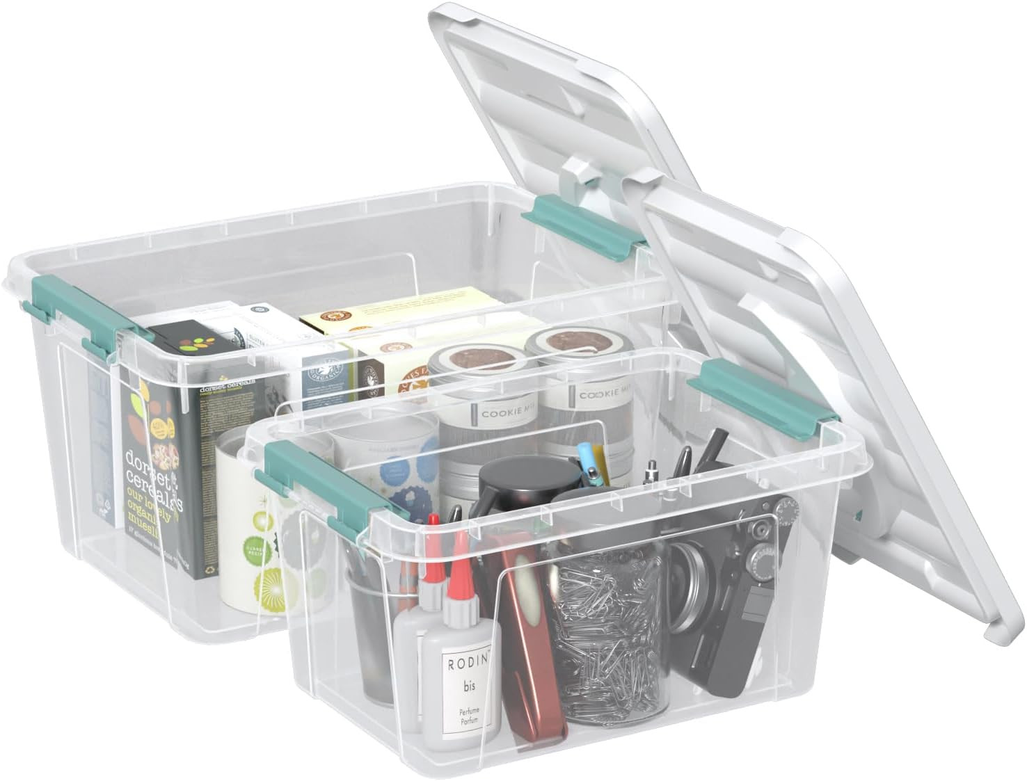 Clear Latch Bin Tote Set – 2 Pack, Stackable Storage Bins with Handles