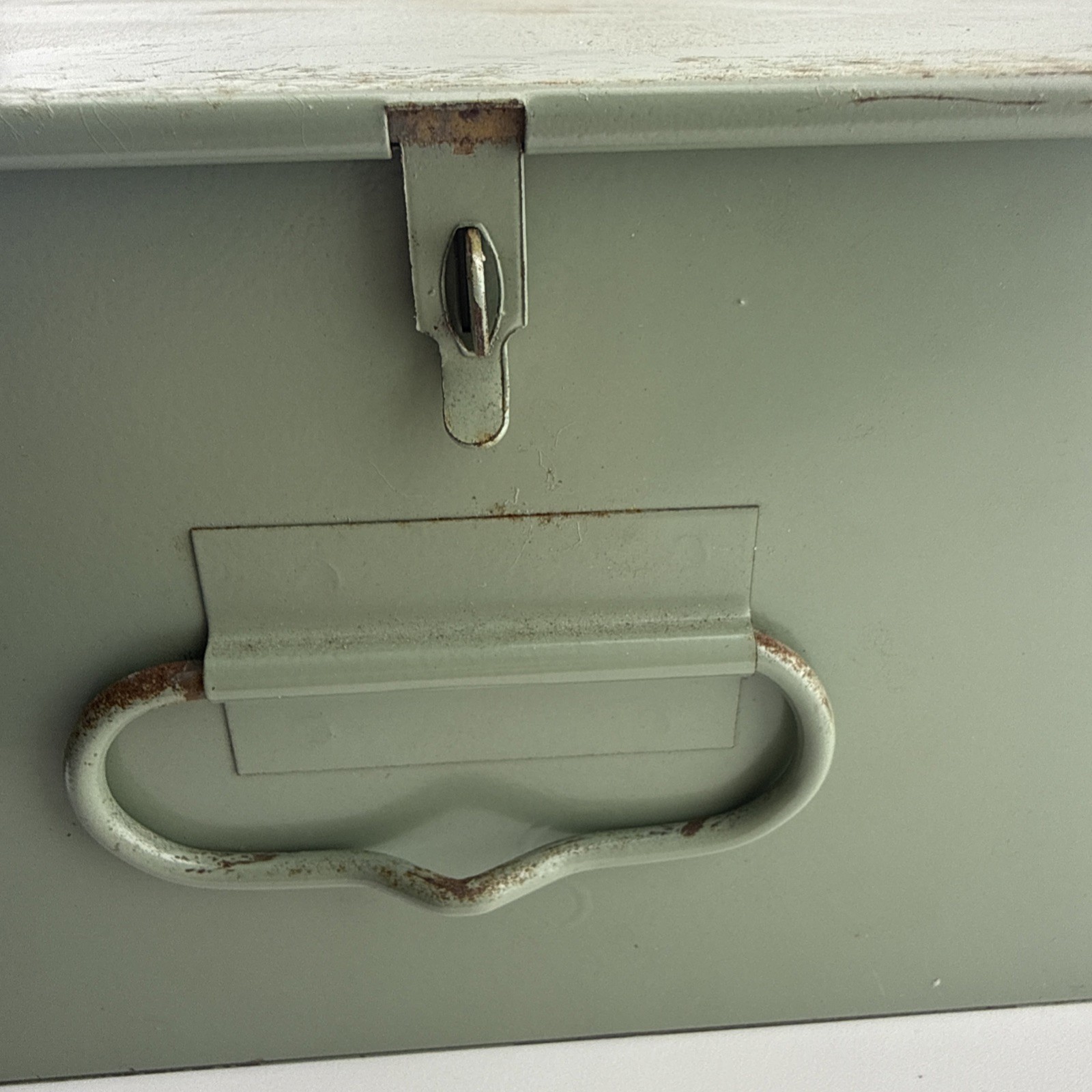 Vintage X-10 Light Green Metal Storage Box 21.5x10x5 Slide Lid