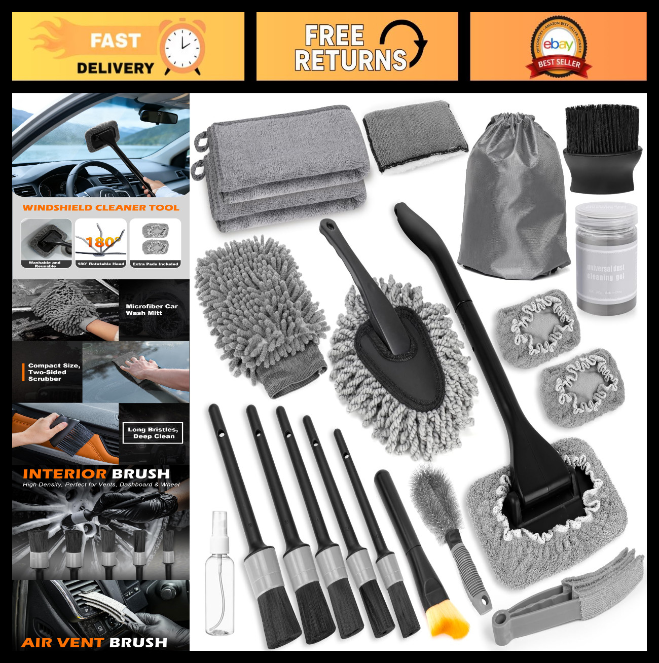 20Pcs Car Interior Cleaning Kit – Windshield Cleaner, Microfiber Mitt & Scrubber