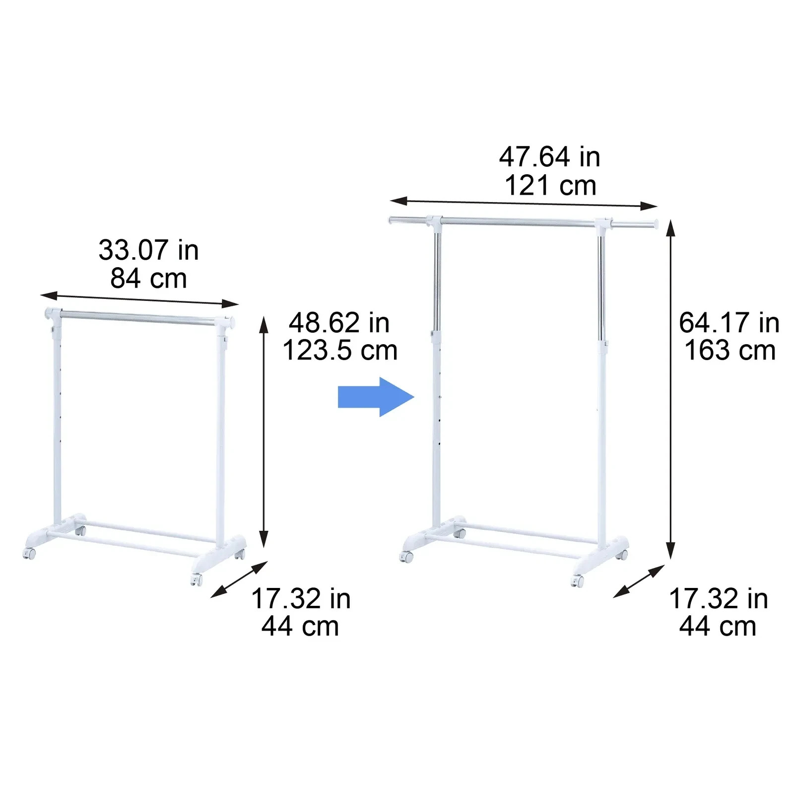 Mainstays Adjustable Rolling Garment Rack Metal Clothes Rack Chrome White