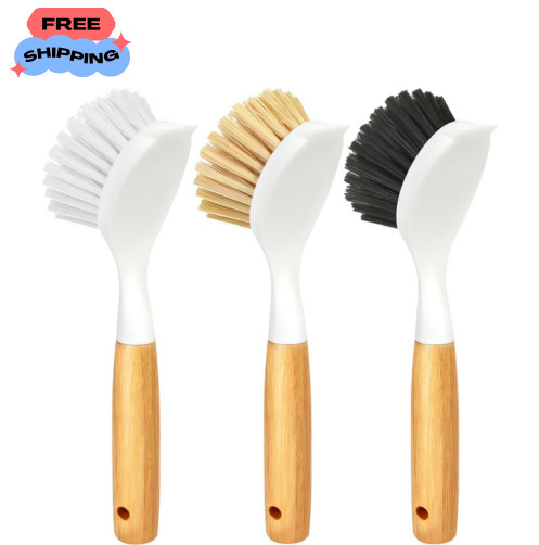 3 Pack Dish Brush Set with Bamboo Handle, Kitchen Brushes for Cleaning Pot, S…