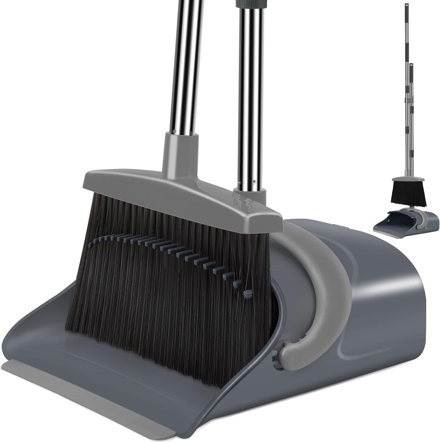 Broom and Dustpan Combo Long Handle Standing Sweeper Set Gray