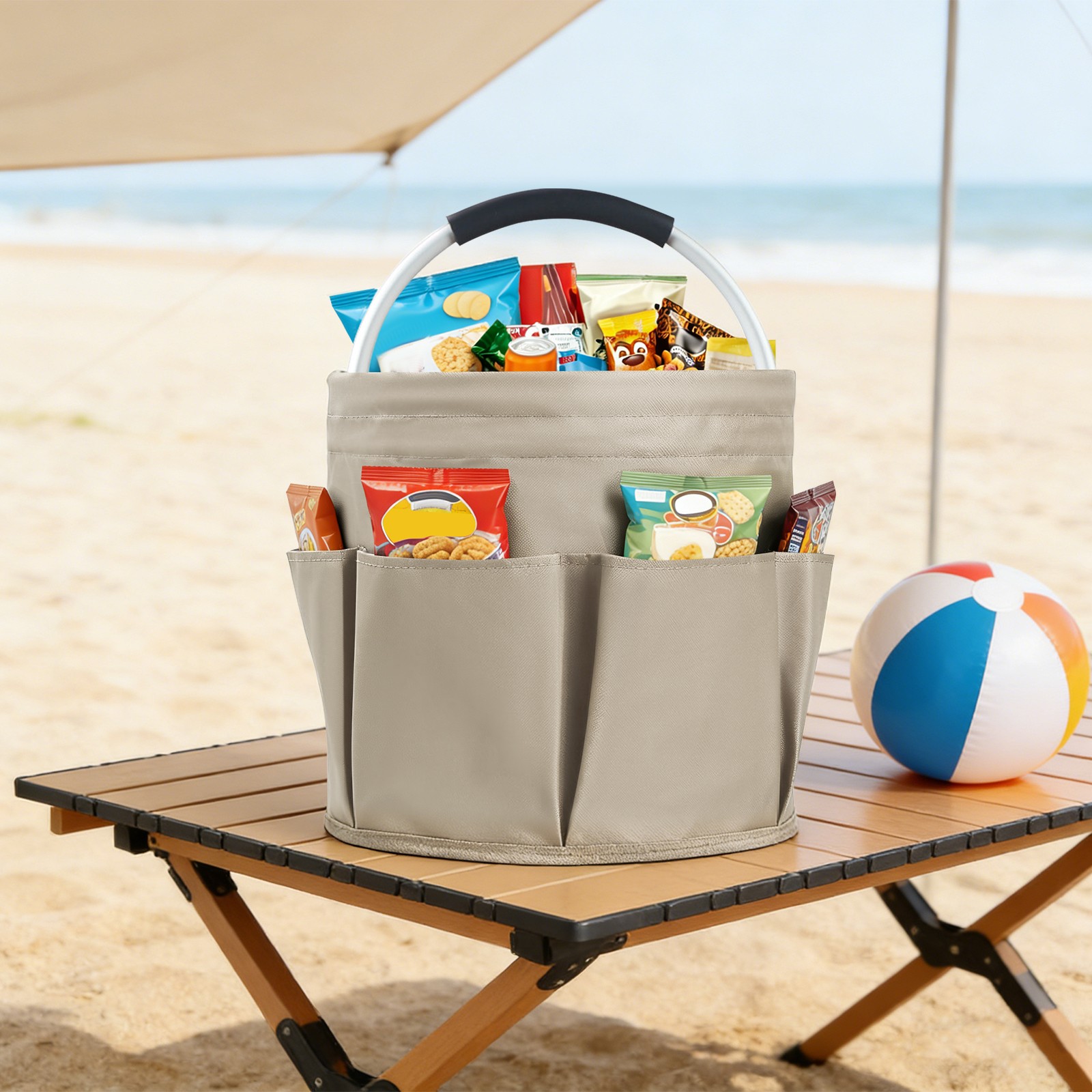 Foldable Storage Basket With Six Side Pockets And Large Central Compartment