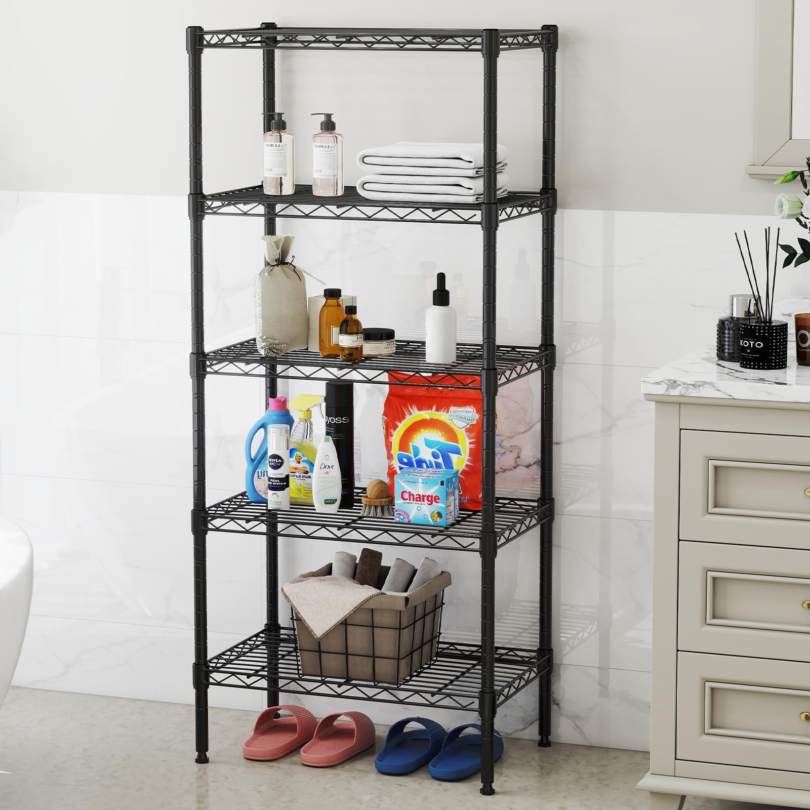 NEWBULIG 5-Tier Wire Storage Shelves, 200 lbs Heavy Duty Steel Rack, Black