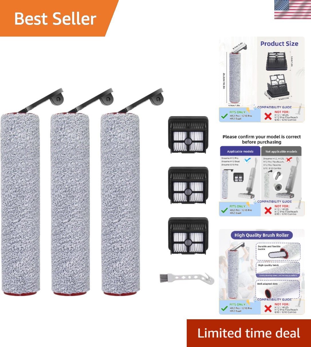 7-Piece Replacement Kit for Dreame H12/Dual & G10 Pro – Brushes & Filters