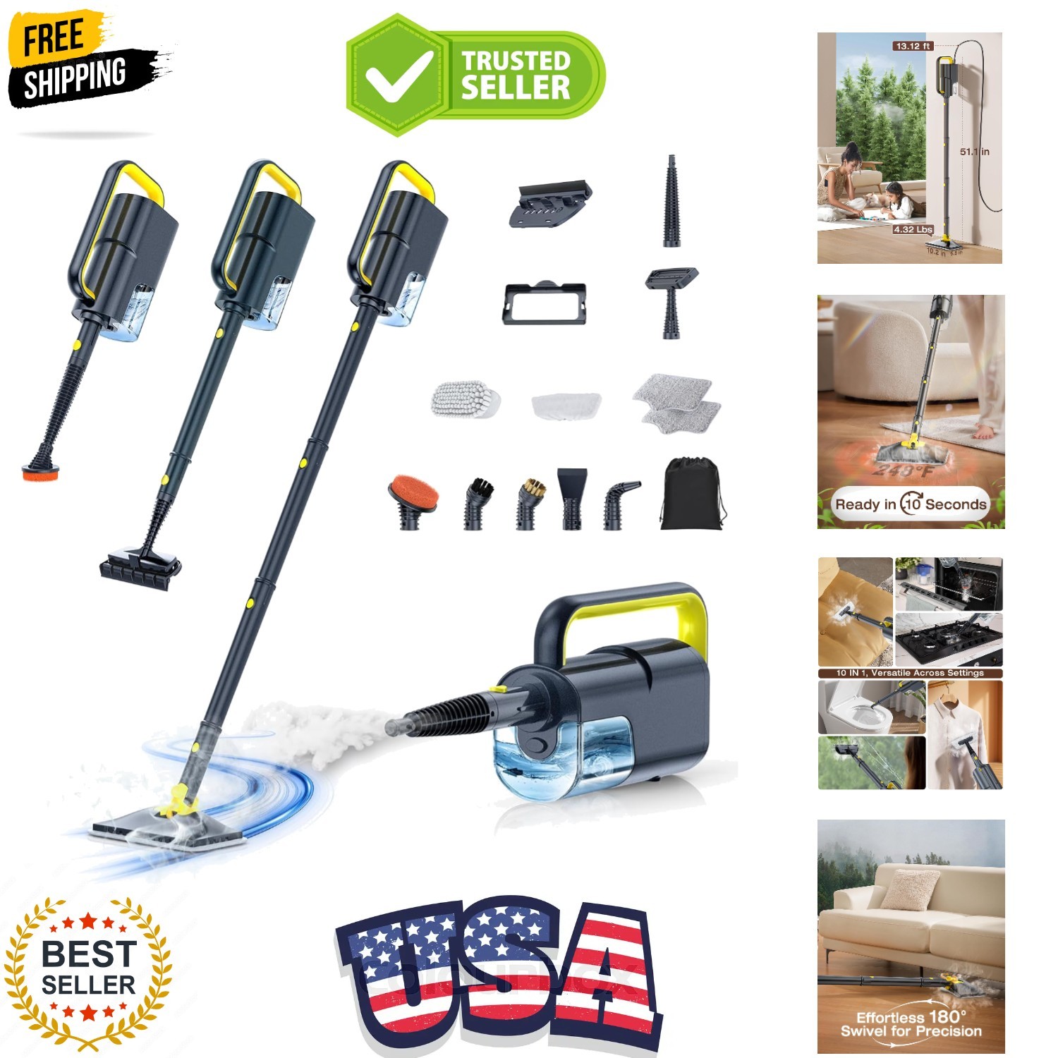 10-in-1 Steam Mop with Detachable Handheld Steamer,350ml Tank, 10s Heat-Up, 2…
