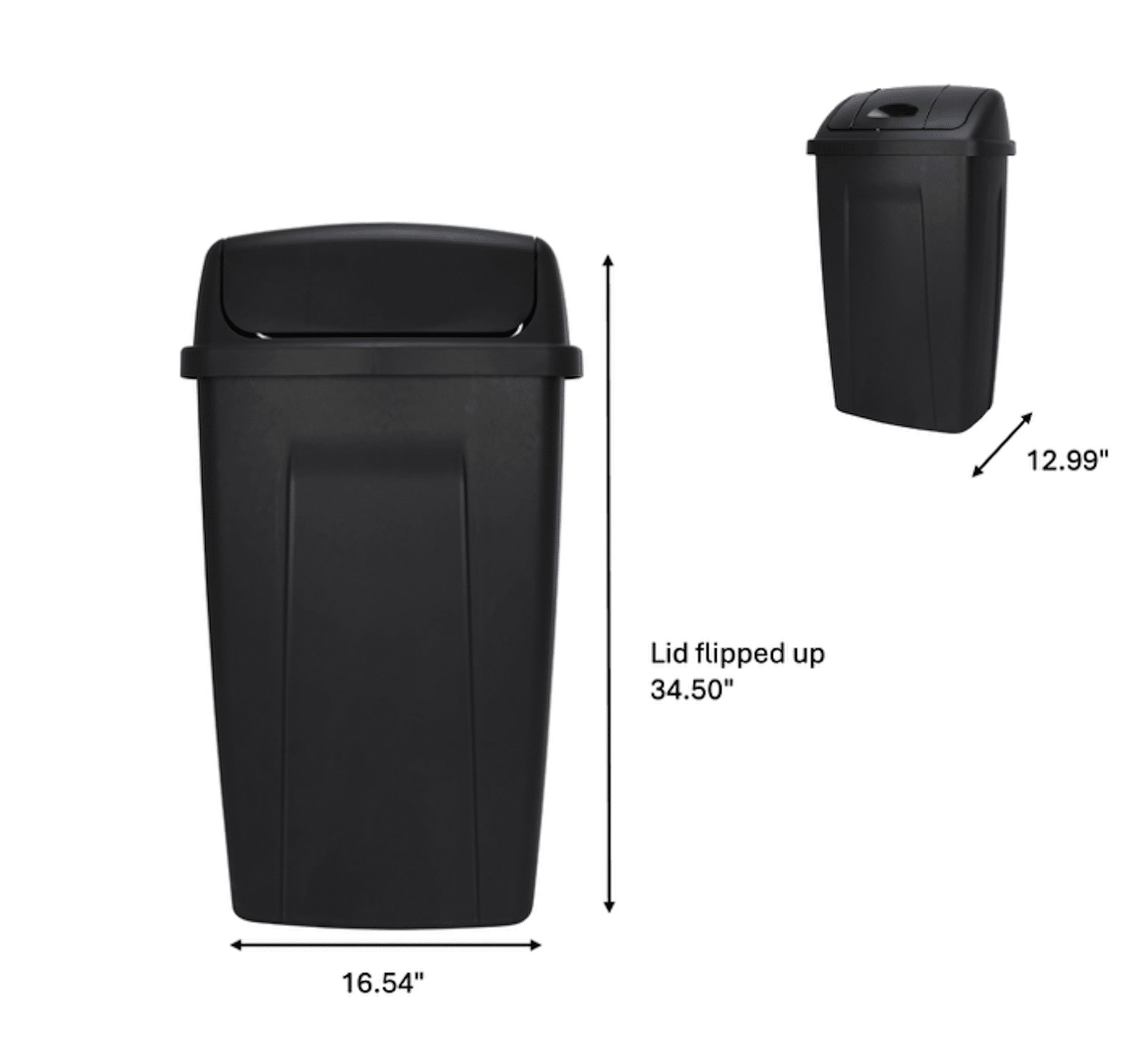 Kitchen Trash Can, 13 Gallon Plastic Garbage Bin with Swing Top Lid, Black