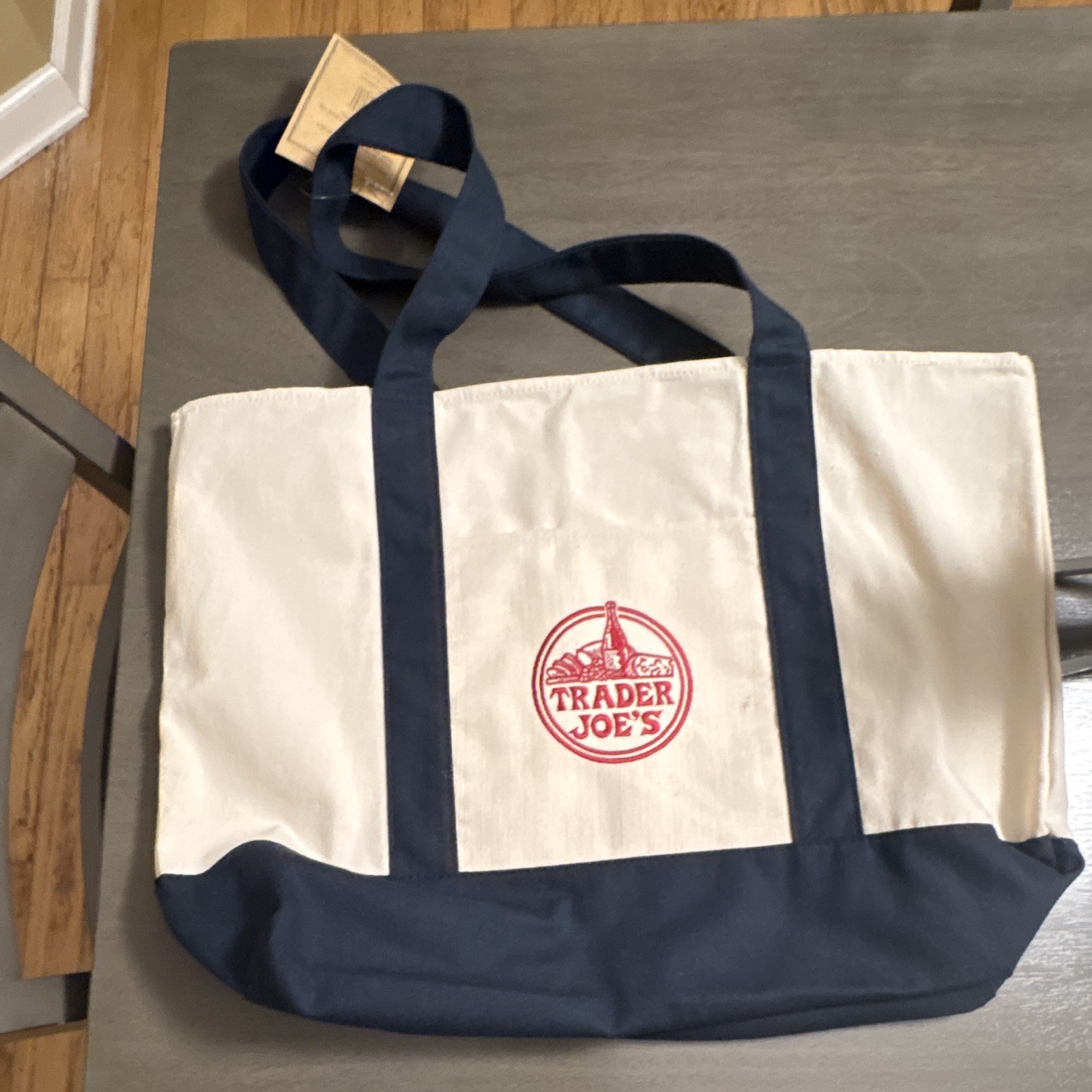 Trader Joe’s Reusable Logo Tote Bag White/Blue Cotton-Poly 20x14x6 in