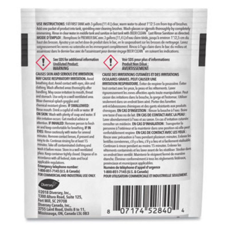 Diversey Beer Clean Bar Glass Cleaner Powder 0.5 oz Packets 100/Carton Case