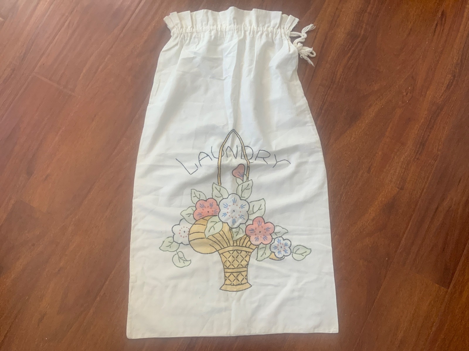 Vintage Homemade Cotton Laundry Bag 50s Hand Stitched Flower basket 29.5×17.5”