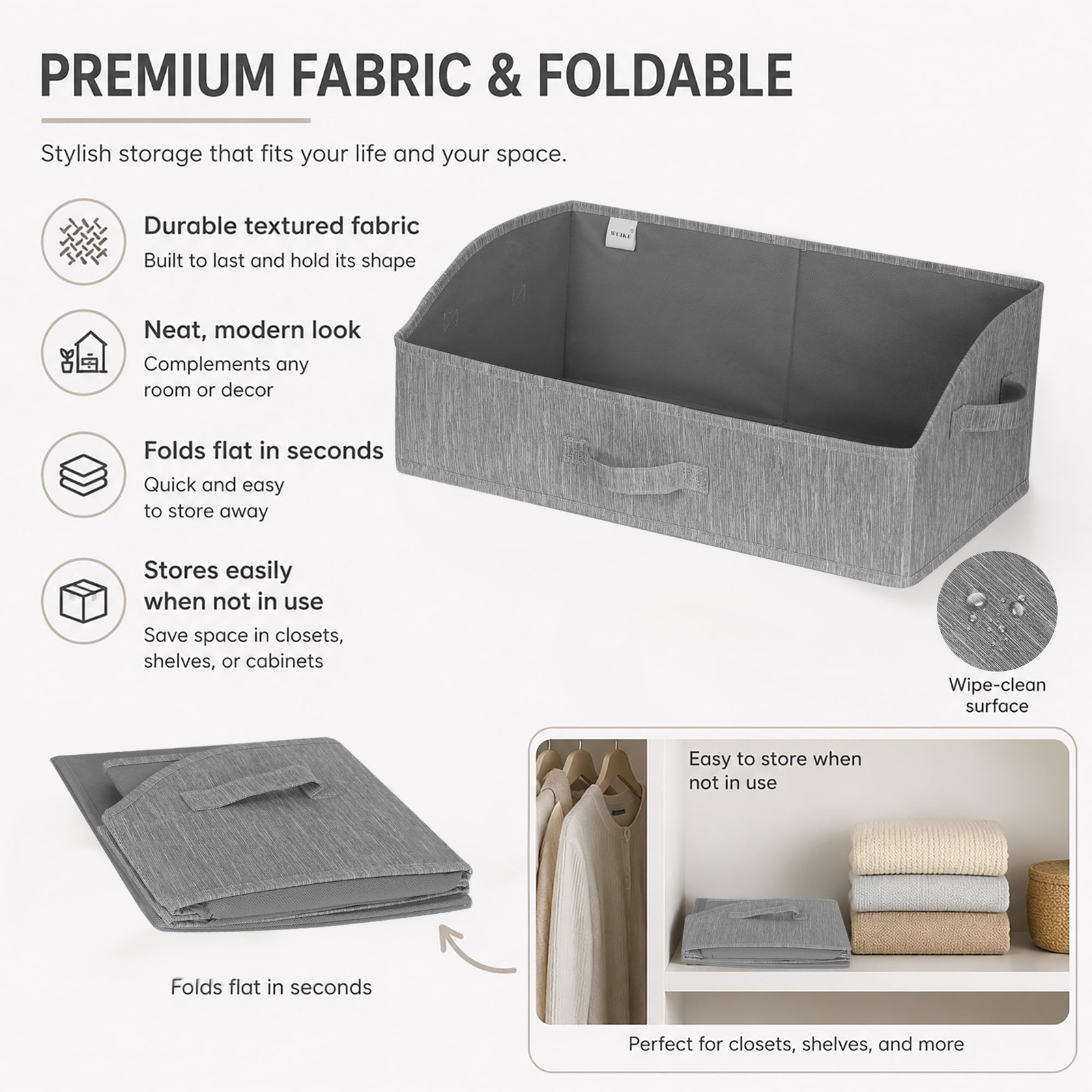 Trapezoid Storage Bins Closet Organizers Fabric Bins Handles Light Gray