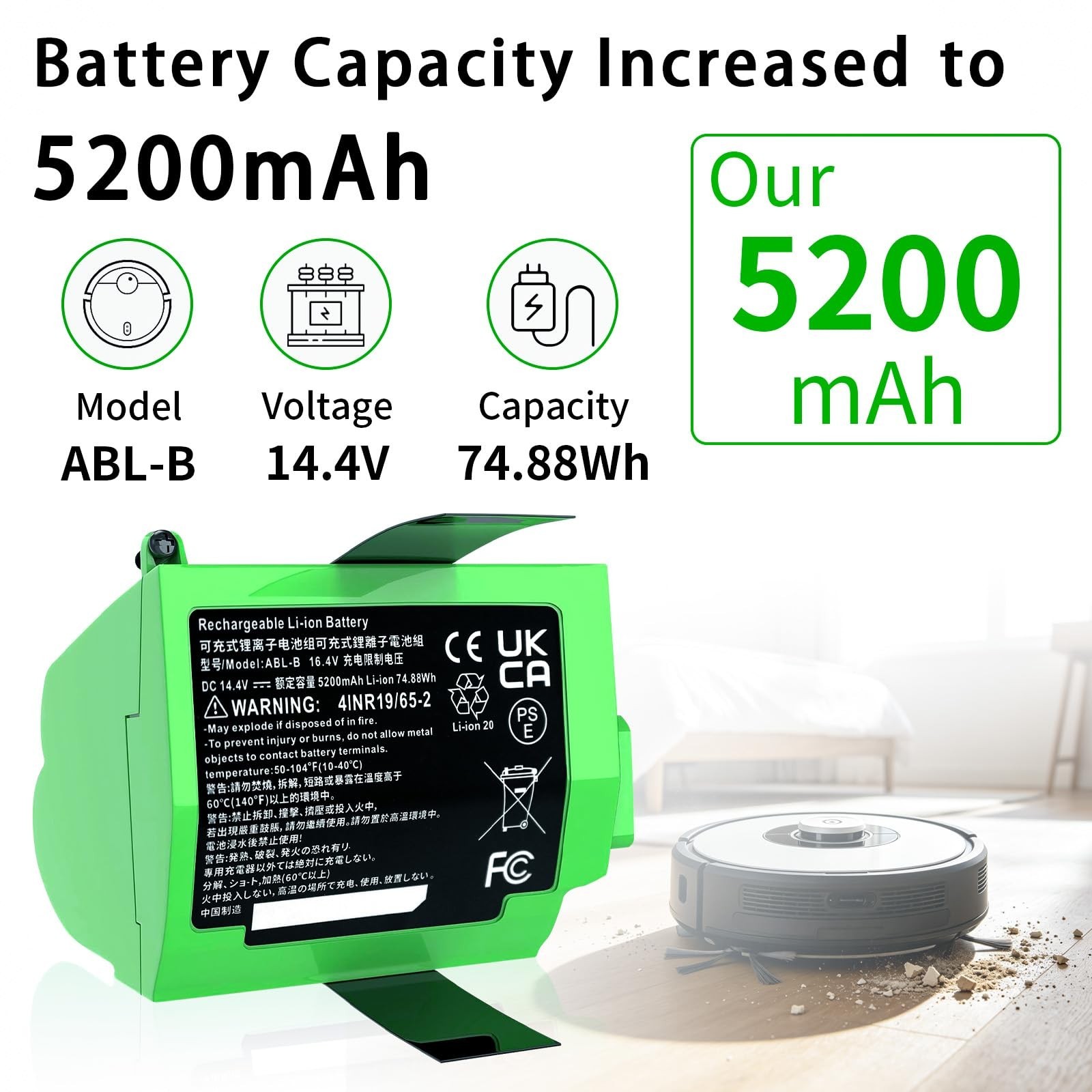 High-Capacity 5200mAh Replacement Battery for Roomba S9+, S9 Plus, 14.4V Compati