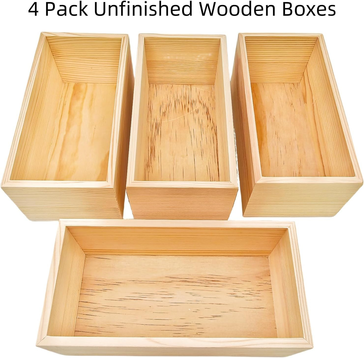 4 Pack Unfinished Wooden Craft Storage Organiser Boxes, 8 X 4 X 3 Inch Rectangle