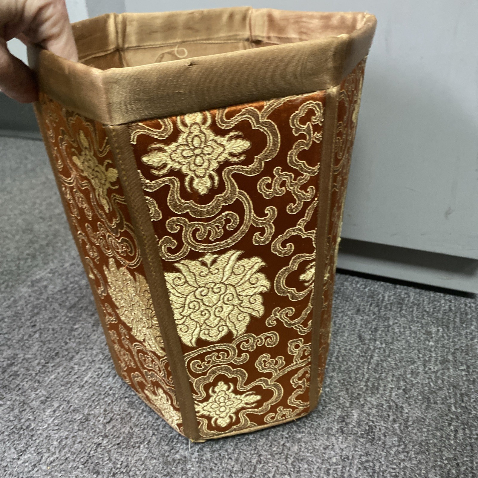 VTG Chinese Silk Brocade Hexagonal Waste paper Trash Basket Mcm 11.5x9x8″
