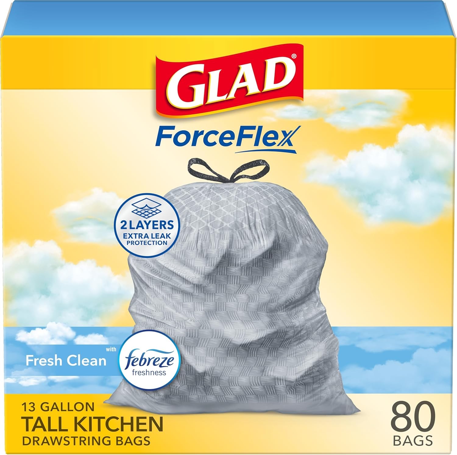 Glad 13 Gal OdorShield Trash Bags, Febreze Fresh Clean, 110 Ct