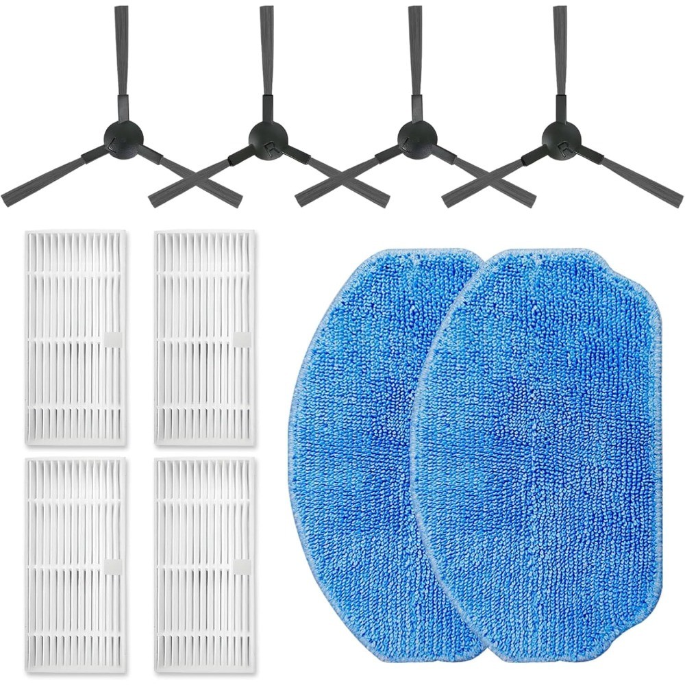 Replacement PartsCleaners: 4 Side Brushes, 4 HEPA Filters, 2 Mop Pads