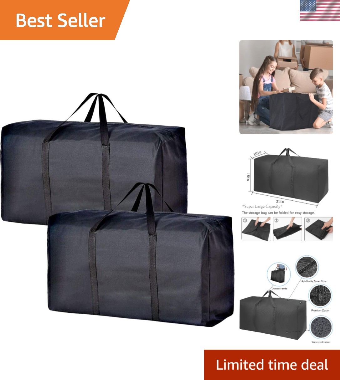 Sturdy 2-Pack Extra Large Moving Bags w/ Zippers & Handles for Safe Transport