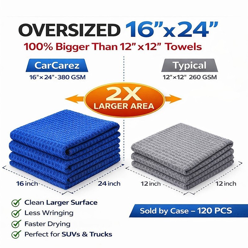 CarCarez Waffle Microfiber Towels 16×24 380GSM Bulk 120 Pack Detailing Cloth