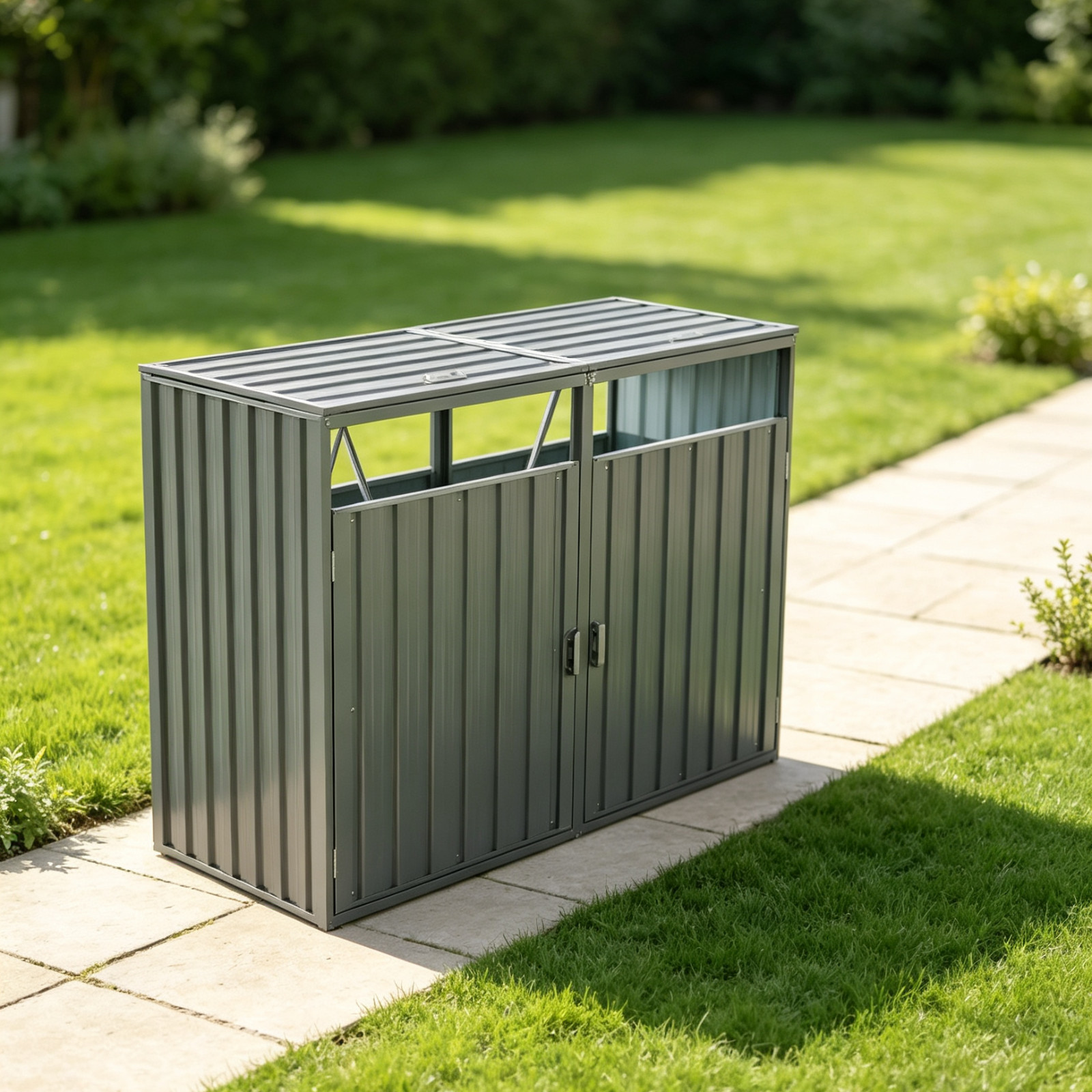 Garbage Bin Shed Stores 2 Trash Cans Metal Outdoor Bin Shed for Garbage Storage