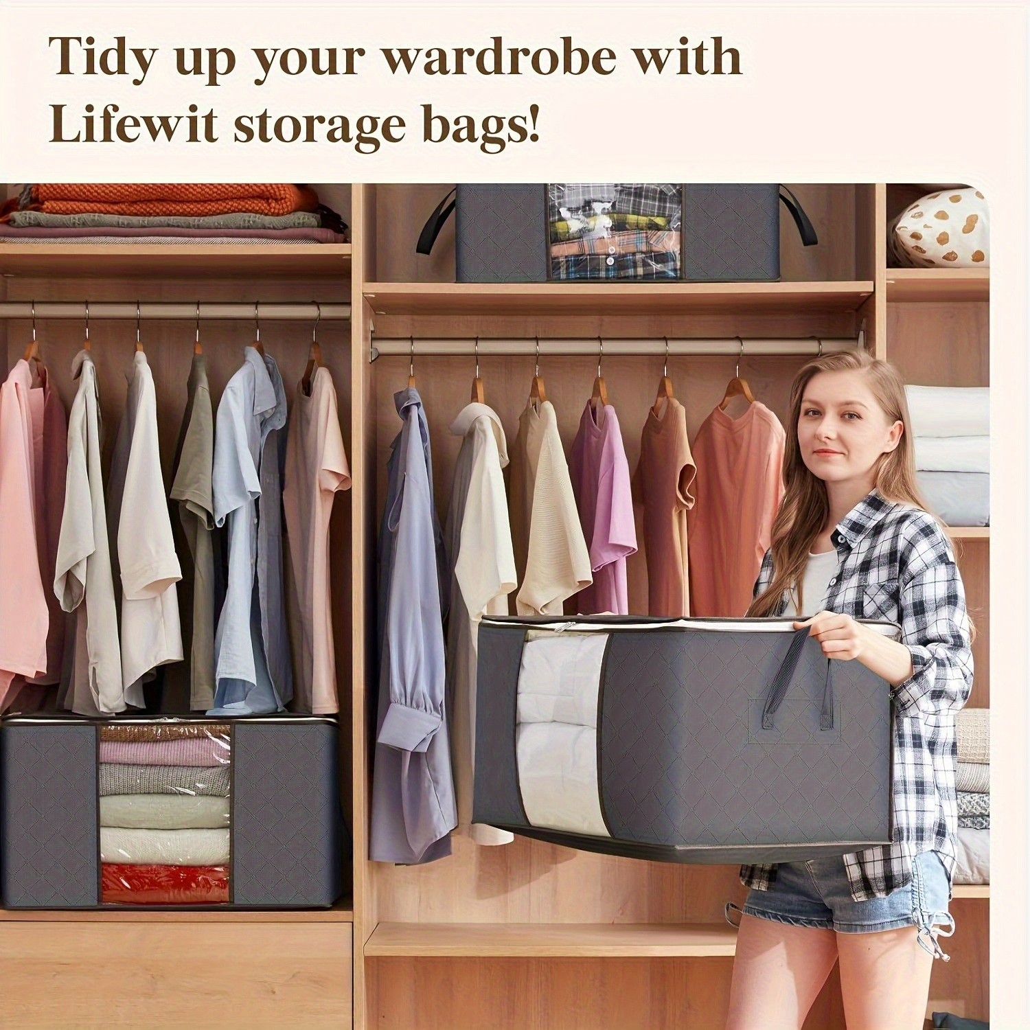 4Pcs 90L Fabric Storage Bins Clear Window Collapsible Organizer Box for Closet