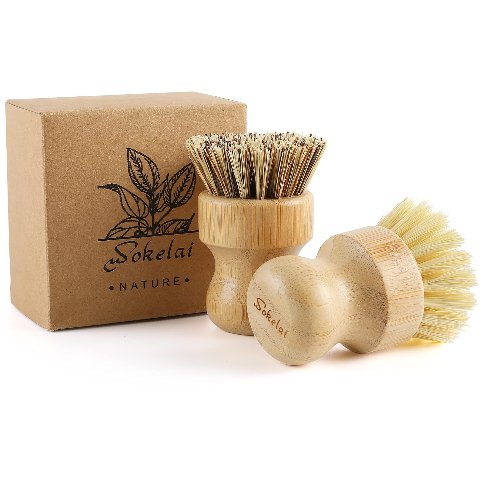 Bamboo Dish Scrub Brushes Set for Kitchen – Wooden Large (Pack of 2), Beige