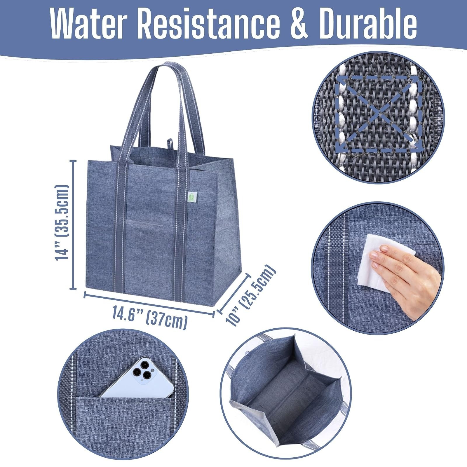 VENO 4 Pack Large Reusable Grocery Bags with Hard Bottom – Gray