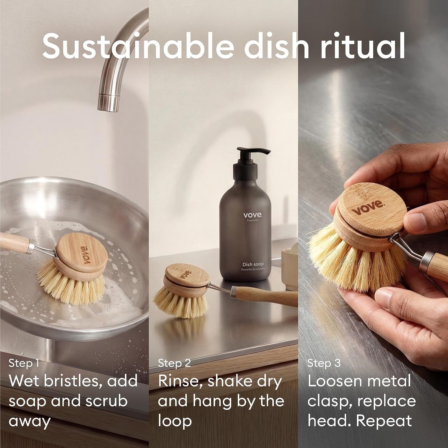 Bamboo Dish Brush Replacement Heads 4-Pack, Refill Heads with Natural Fiber