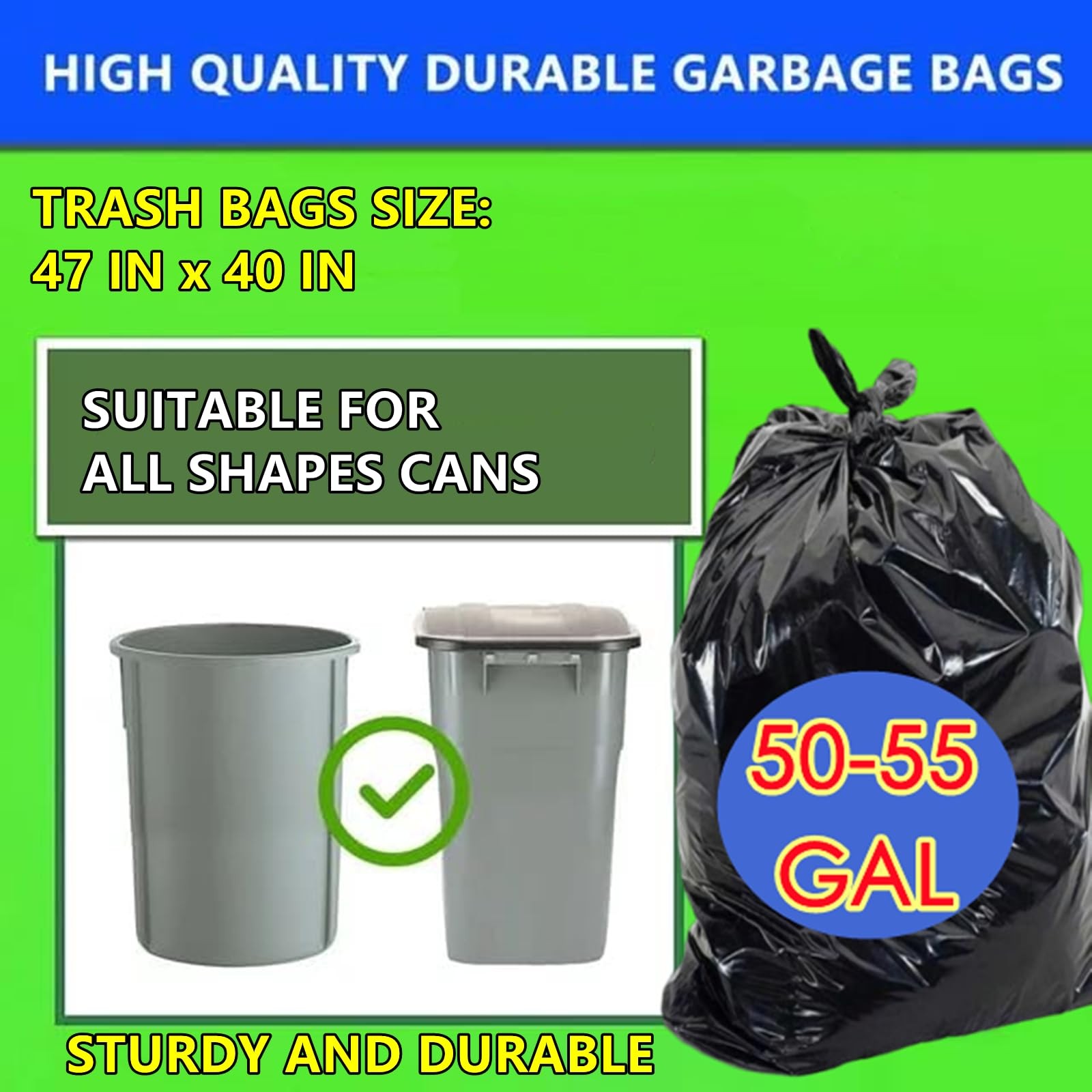 55 Gallon Trash Bag, 66 Count Garbage Trash Bags, 2.0 Mil Heavy Duty 40 x 47″…