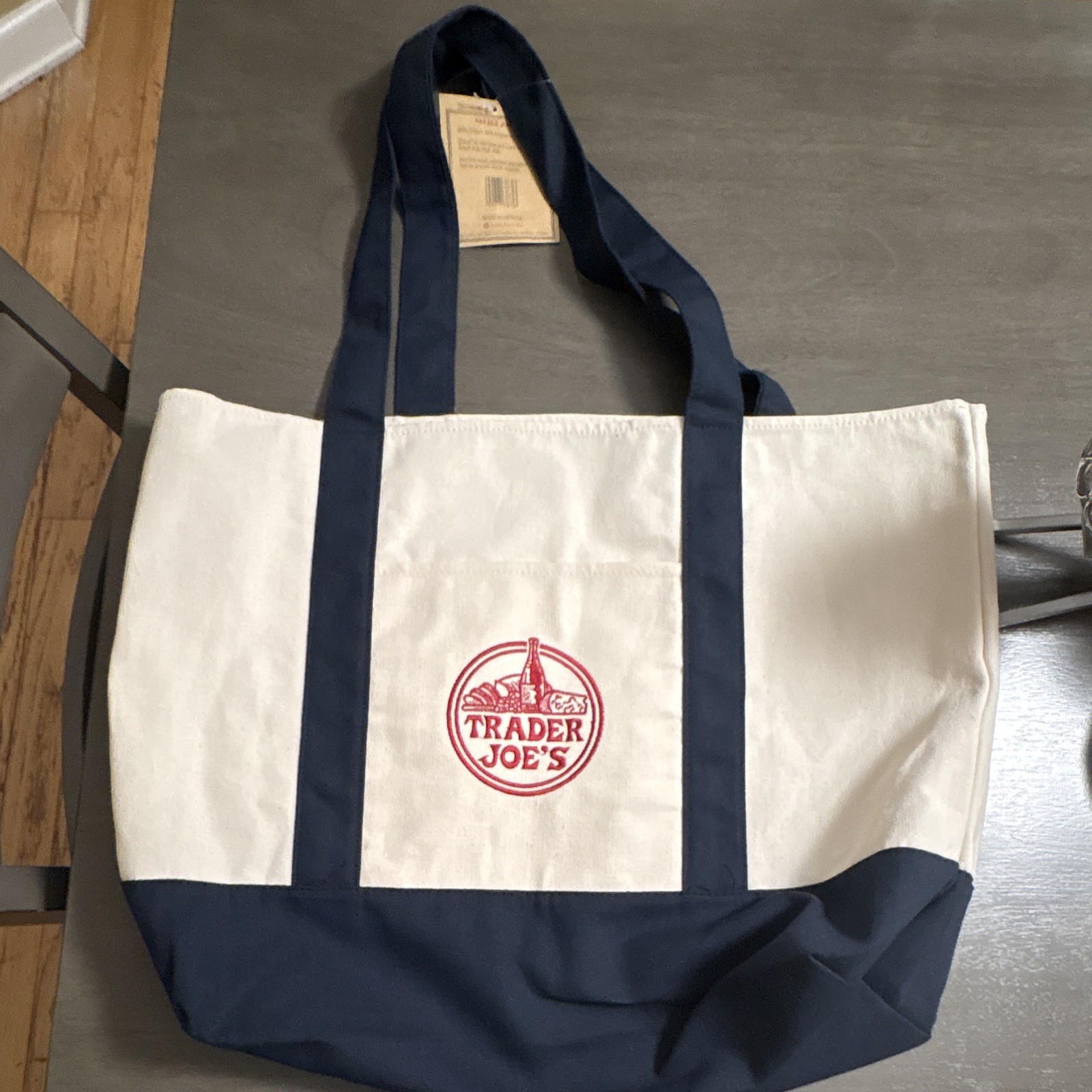 Trader Joe’s Reusable Logo Tote Bag White/Blue Cotton-Poly 20x14x6 in