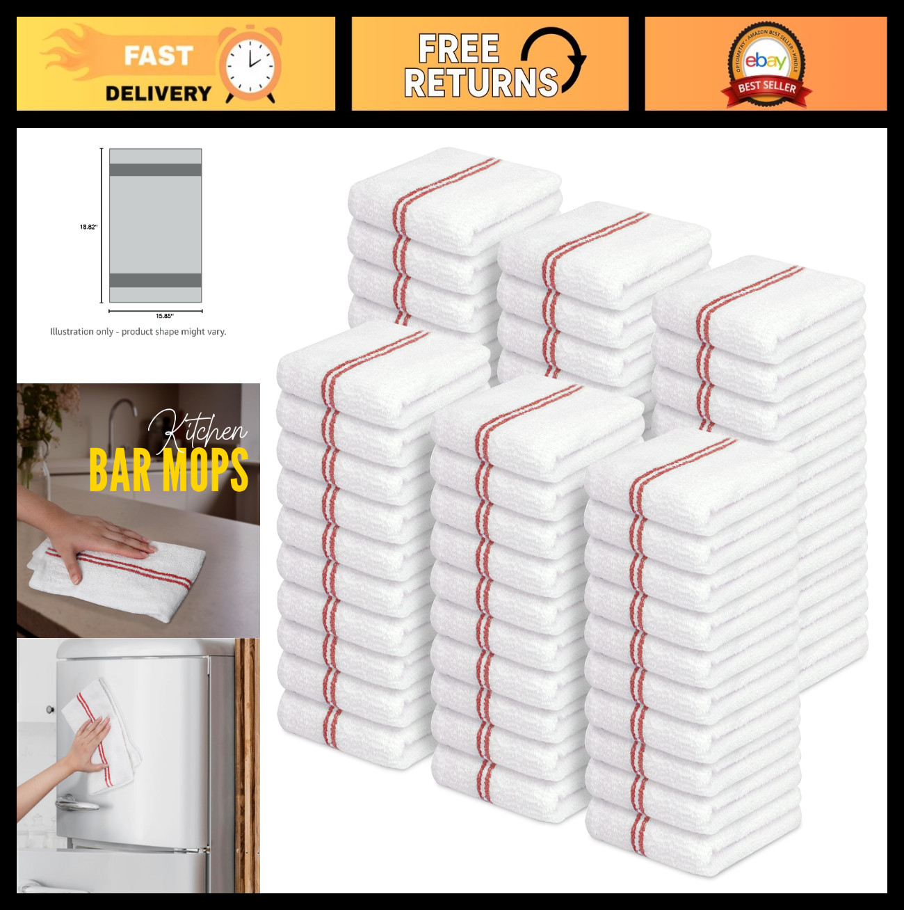 60-Pack Absorbent Terry Bar Mop Towels 16″x19″ – Durable Cotton Cleaning Rags