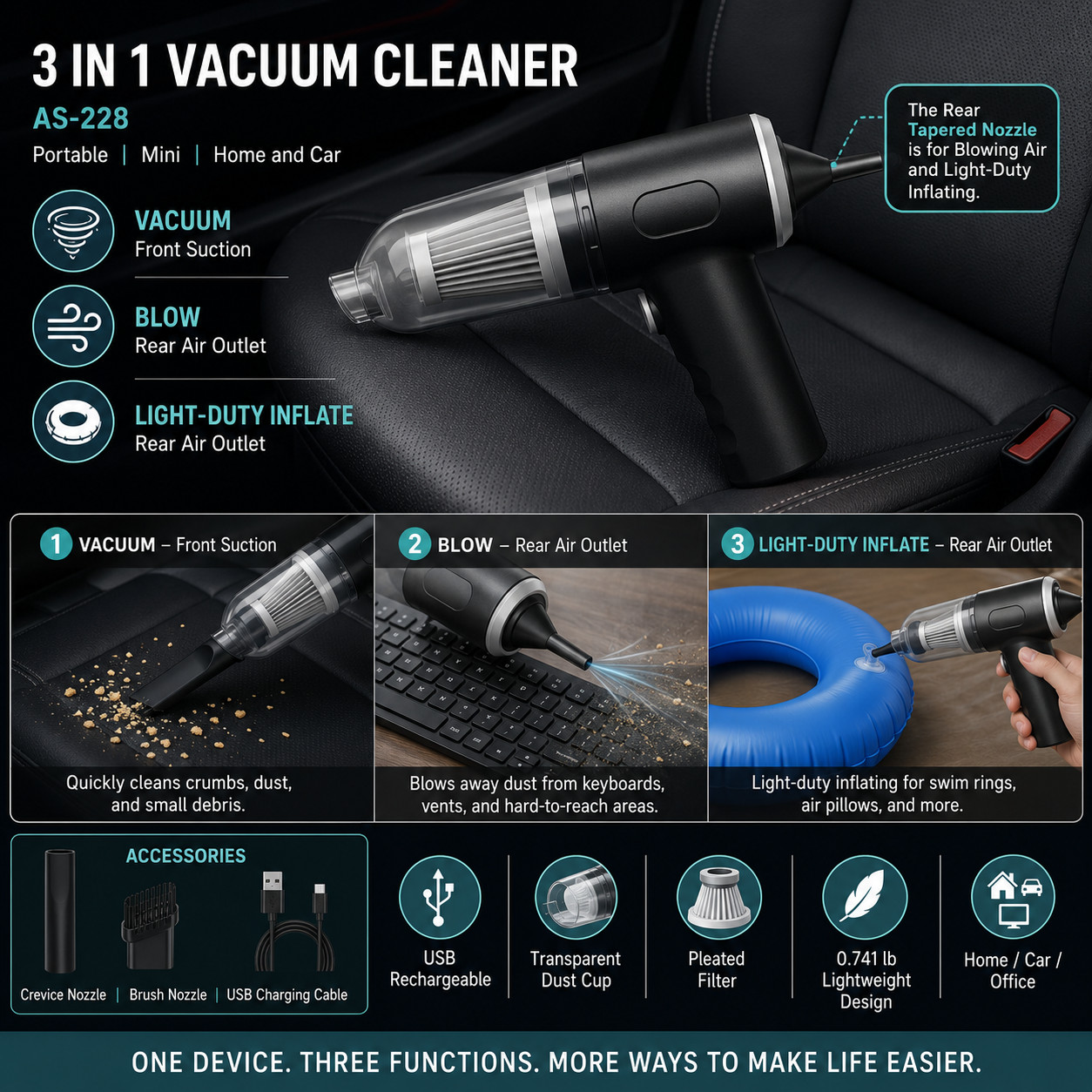 US Stock 3 in 1 Handheld Vacuum Cleaner Portable Car Home Mini Vacuum