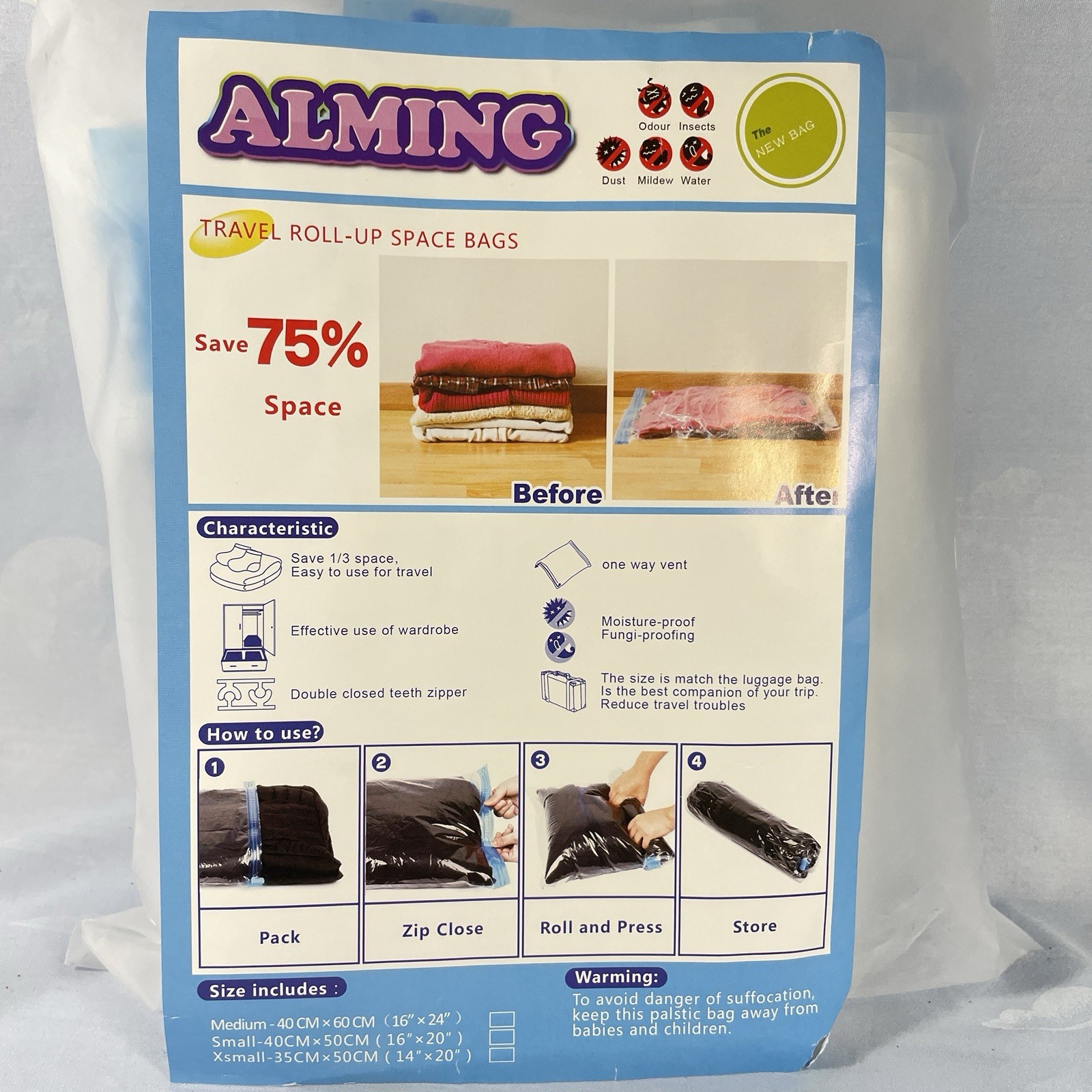 Travel Roll-Up Space Saver Bags Storage Travel Zip Close 3 Sizes See Details