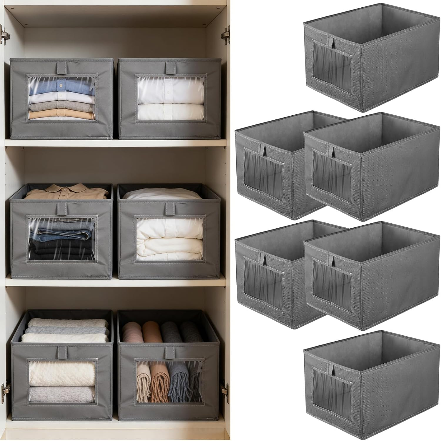 6 Oxford Cloth Storage Bins with Clear Window for Closet & Shelf Organization
